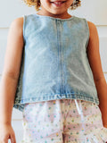 Ruffled Denim Tank - Light Wash Cotton Relaxed Button Back