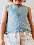 Ruffled Denim Tank - Light Wash Cotton Relaxed Button Back