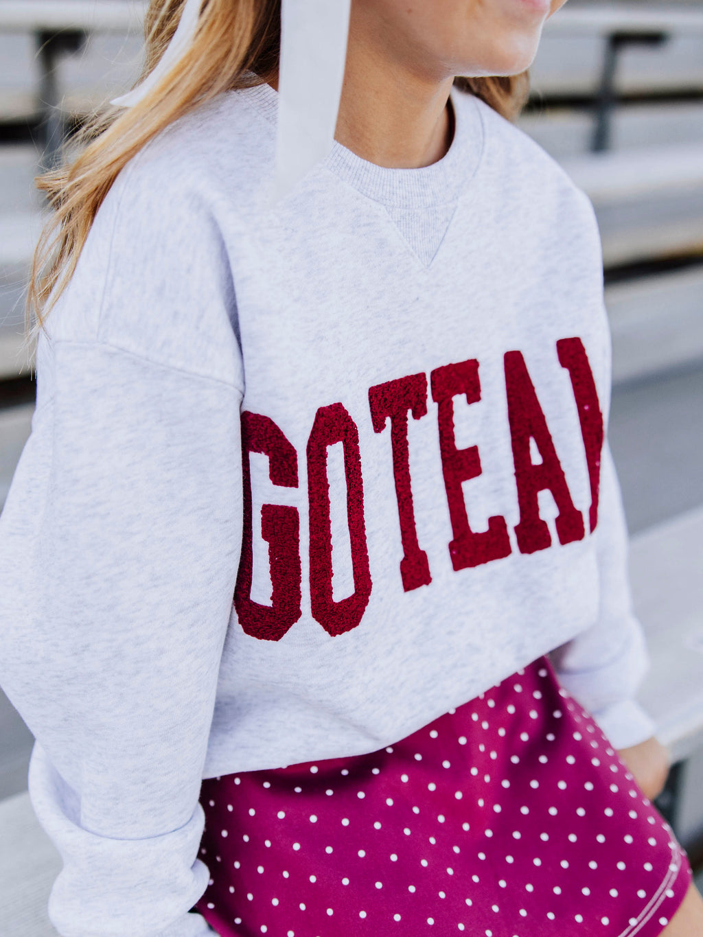 Warm Knit Sweatshirt - Maroon Chenille Applique Grey