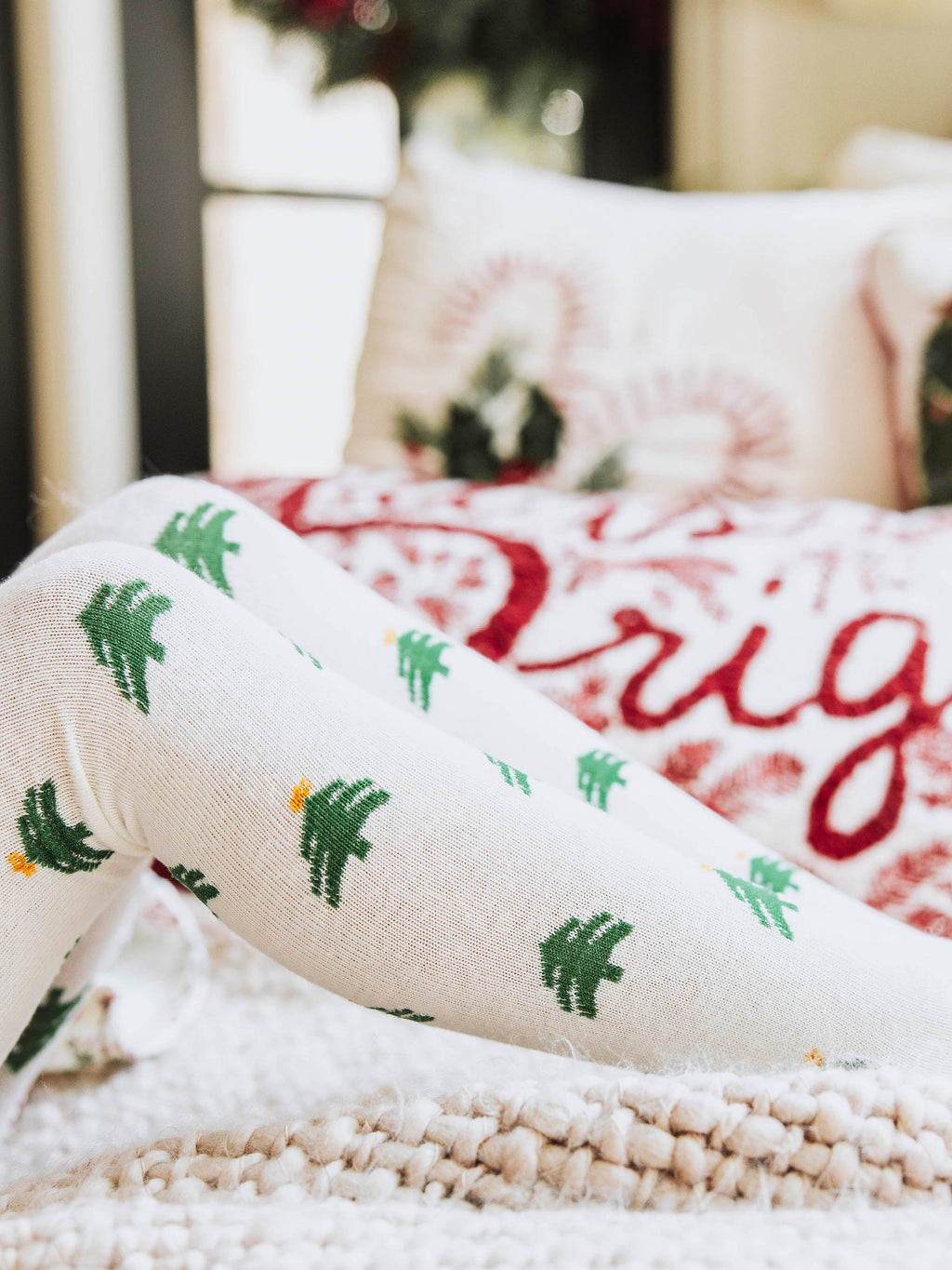 Kids Christmas Tree Knit Pattern Tights Holiday