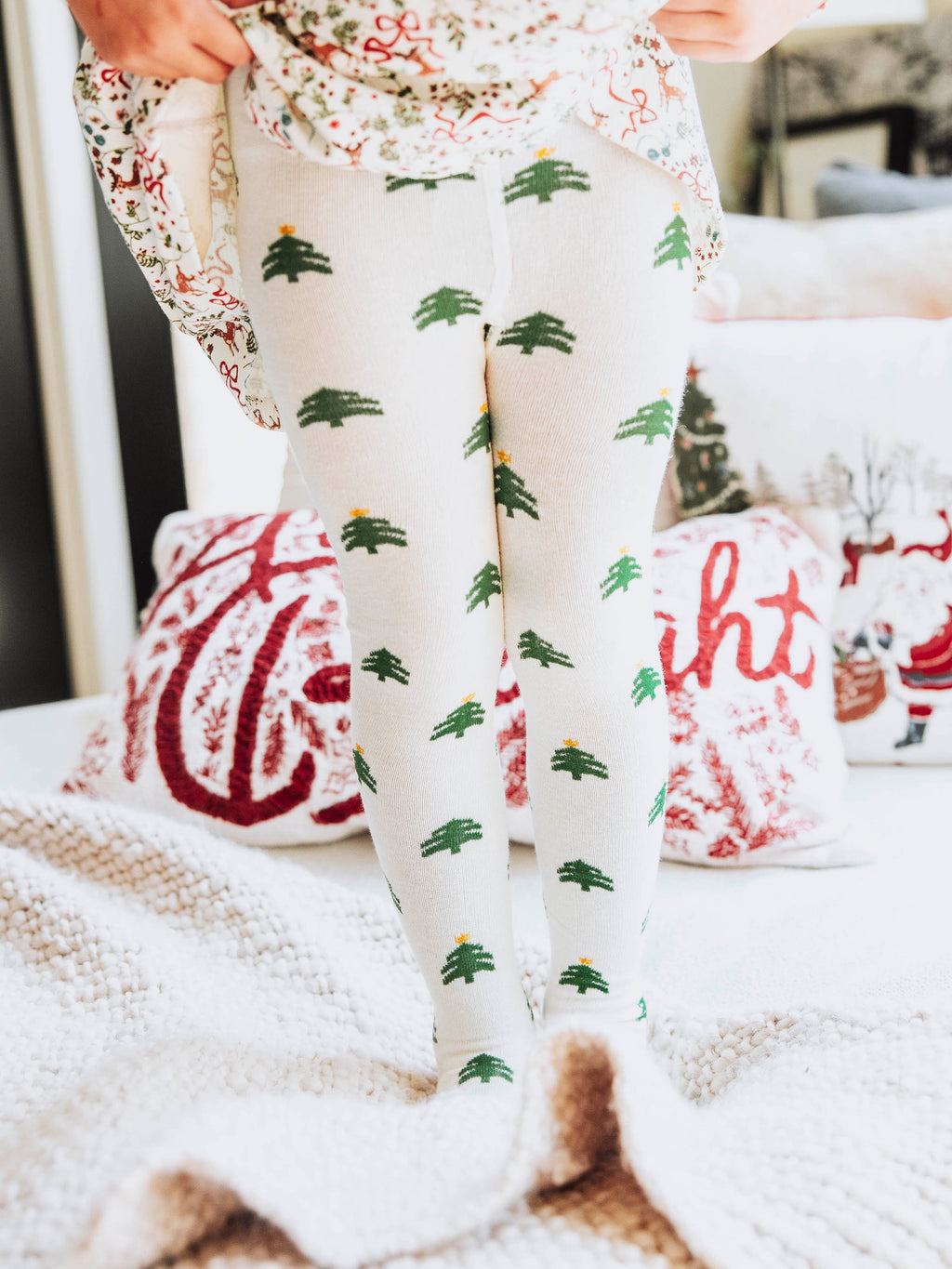 Kids Christmas Tree Knit Pattern Tights Holiday