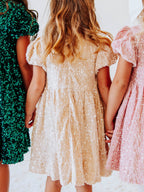 Sequin Dress - Champagne Sparkle Polyester Lined Zip Puff Sleeve