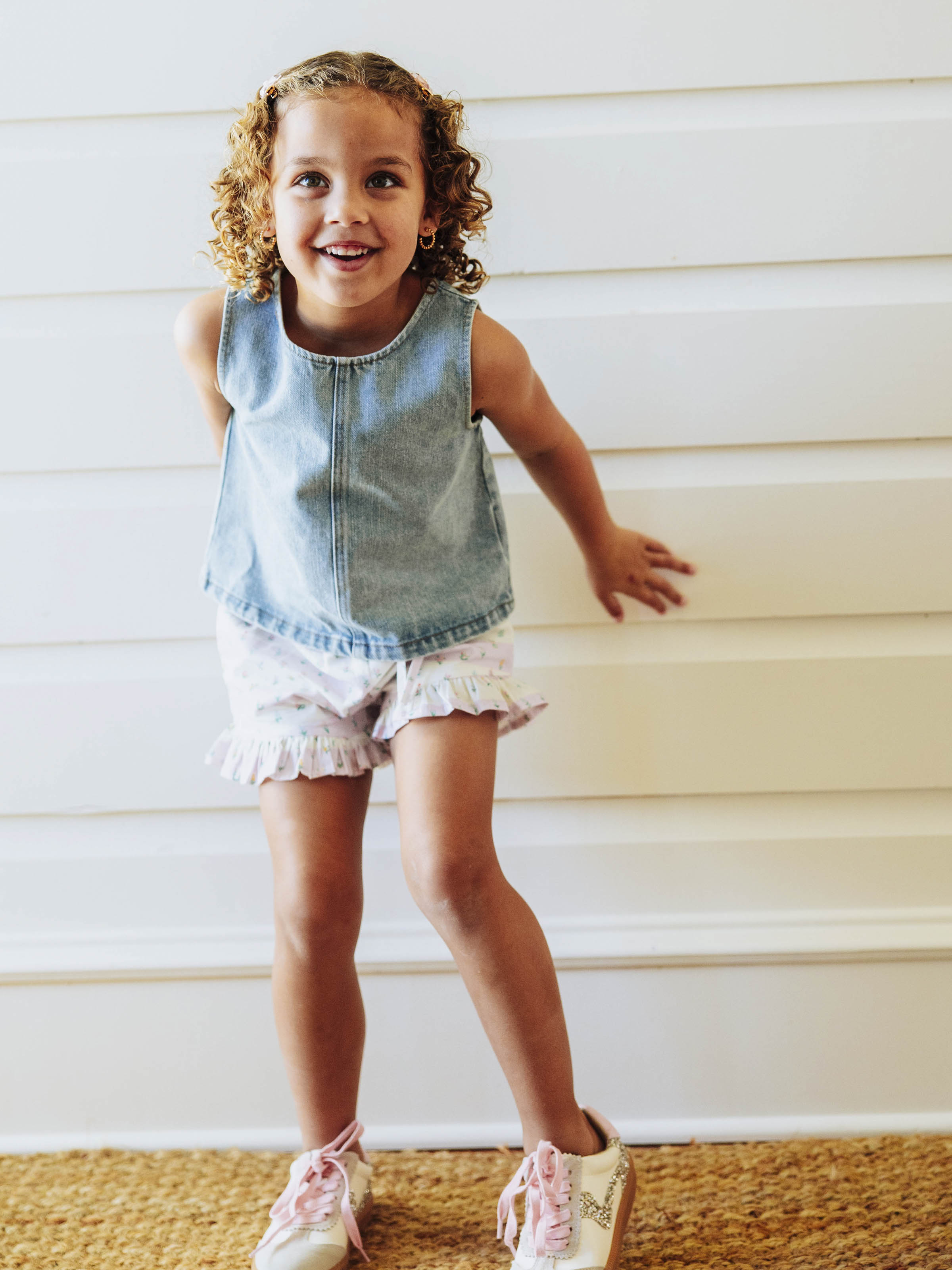 Ruffled Denim Tank - Light Wash Cotton Relaxed Button Back