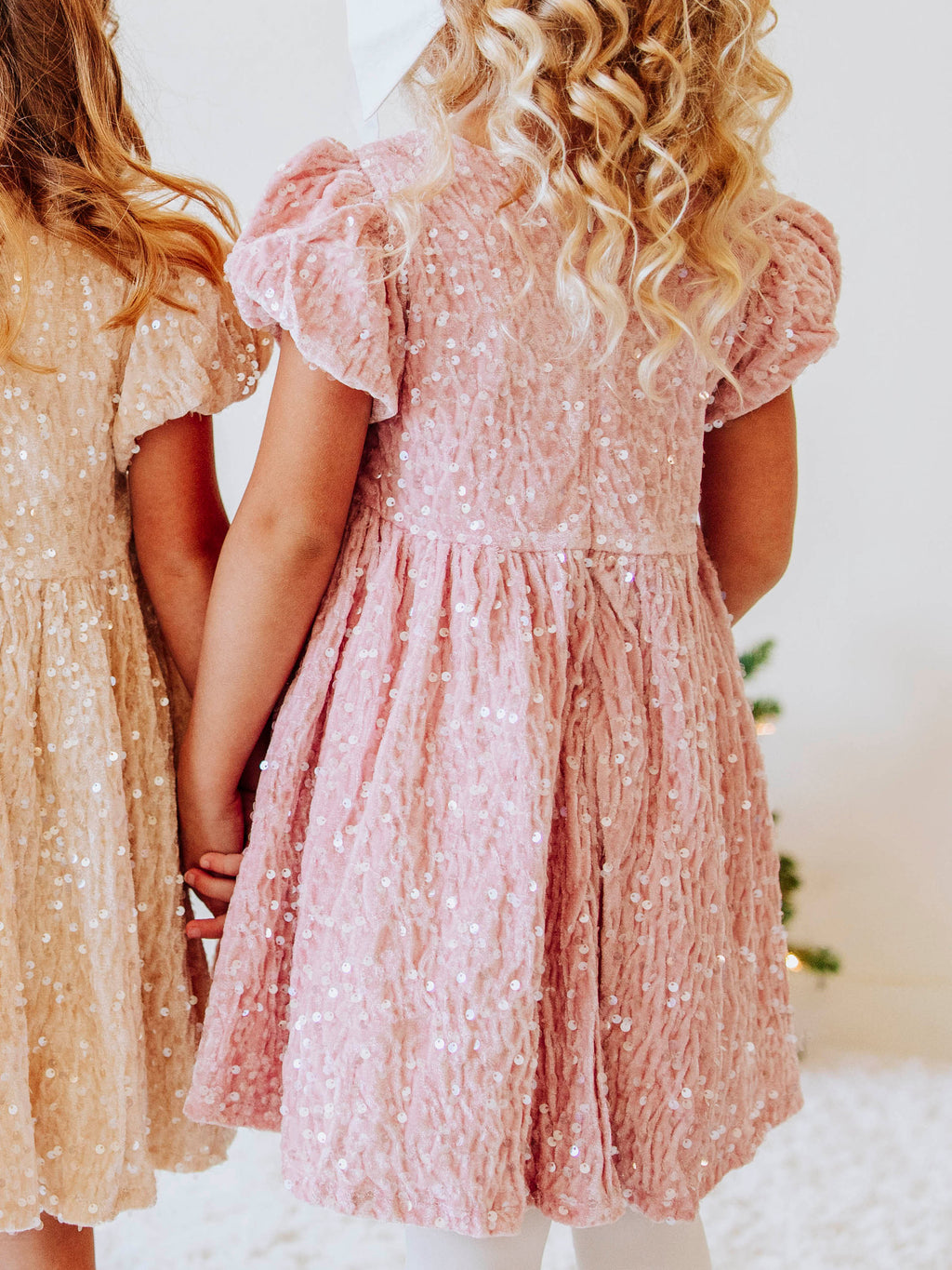 Sequin Dress - Pink Shimmer Polyester Velvet Zip Puff Sleeve