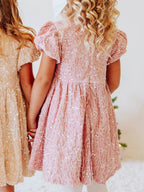 Sequin Dress - Pink Shimmer Polyester Velvet Zip Puff Sleeve