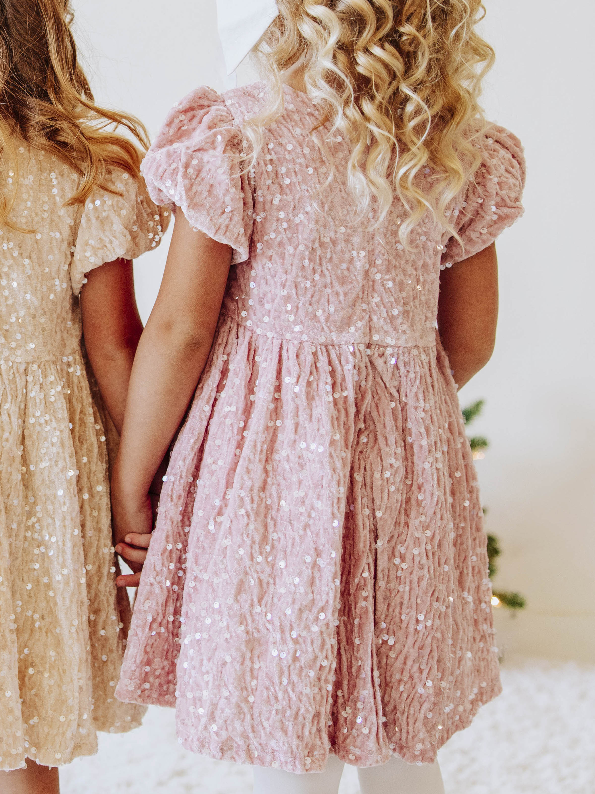 Sequin Dress - Pink Shimmer Polyester Velvet Zip Puff Sleeve