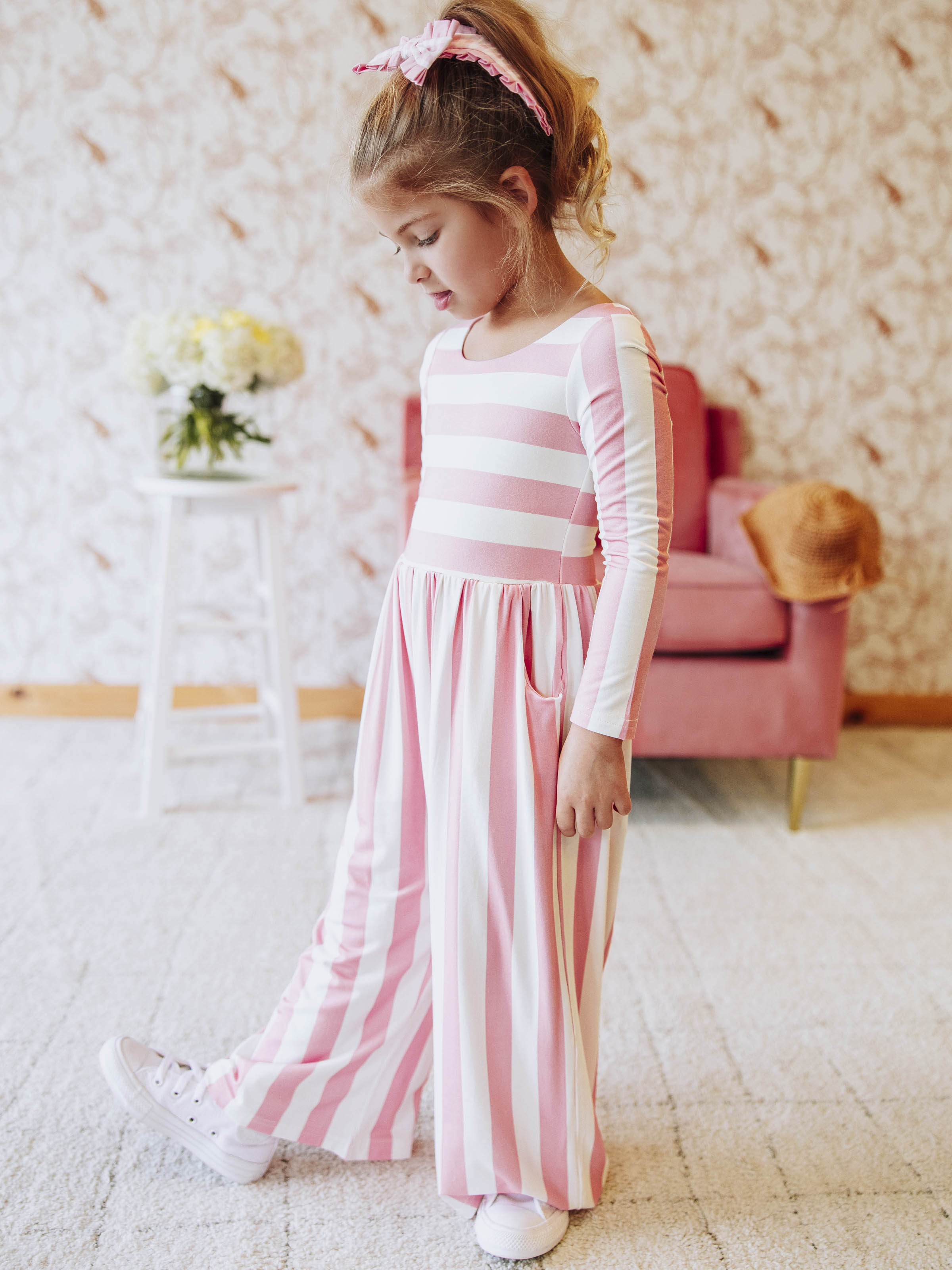 Leggy Romper - Pink Stripe Viscose Spandex Lined Hidden Pockets