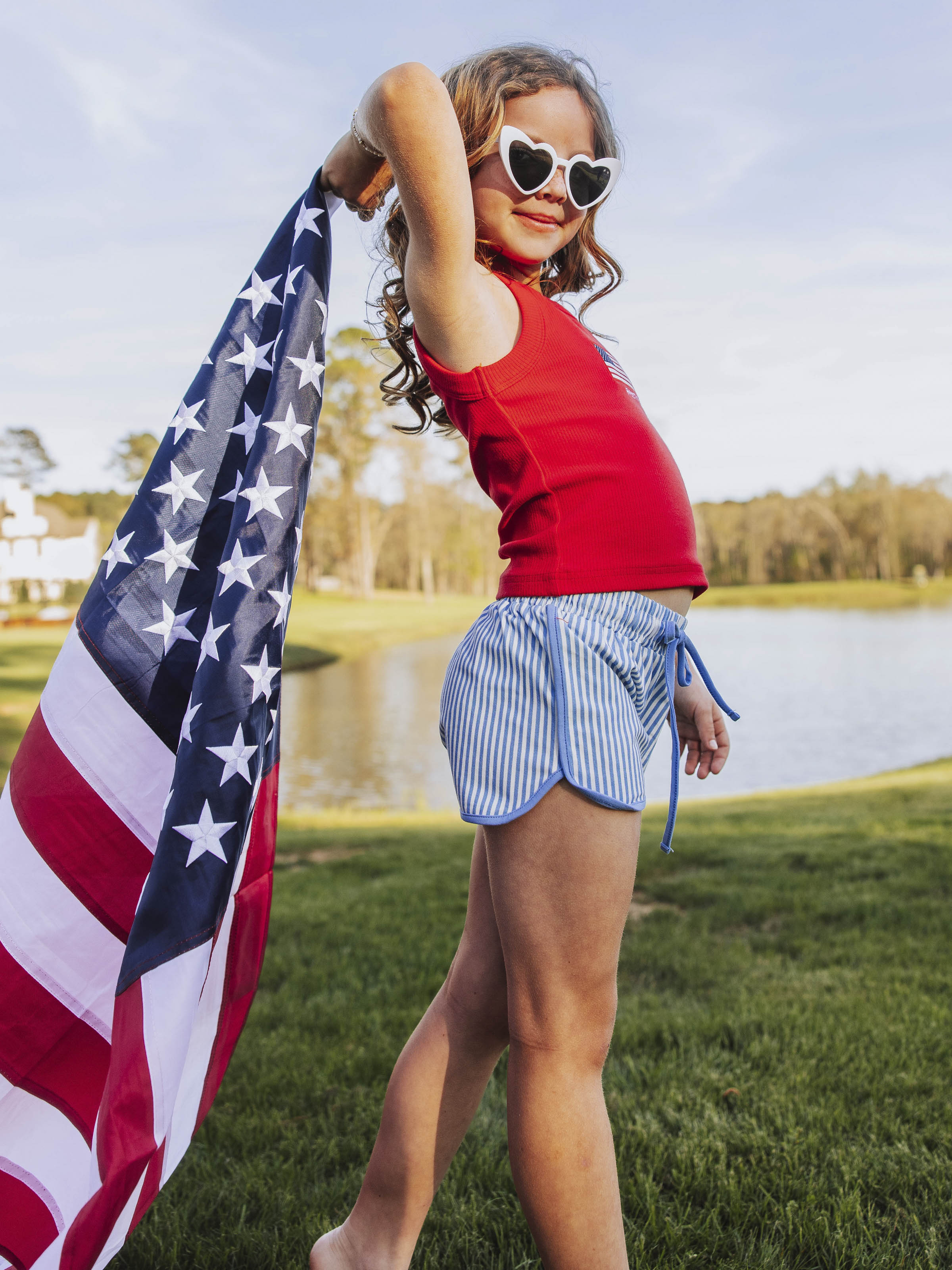 Athletic Shorts - Blue Stripe Cotton Drawstring Above Knee