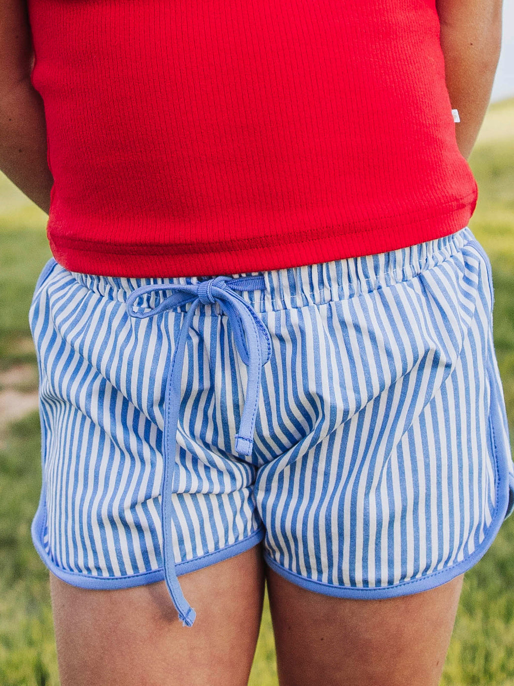 Athletic Shorts - Blue Stripe Cotton Drawstring Above Knee