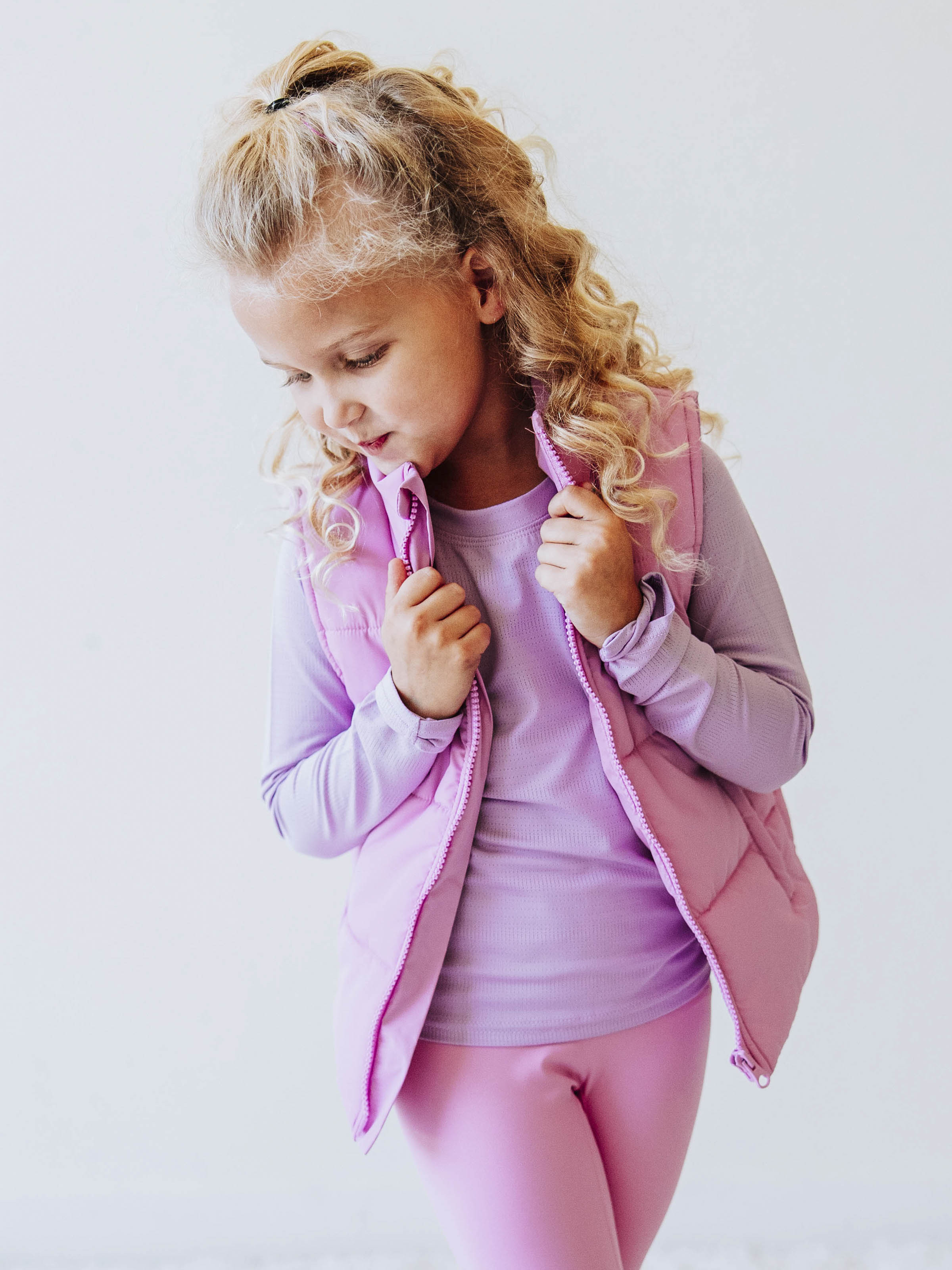 Puffer Vest - Purple Pink Zip Lined Pockets Stand Collar