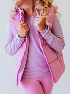 Puffer Vest - Purple Pink Zip Lined Pockets Stand Collar