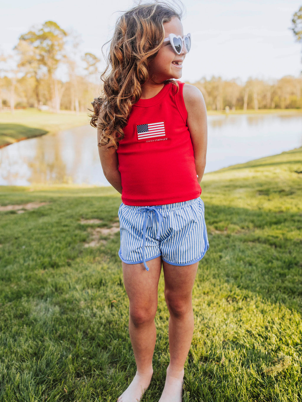 Athletic Shorts - Blue Stripe Cotton Drawstring Above Knee