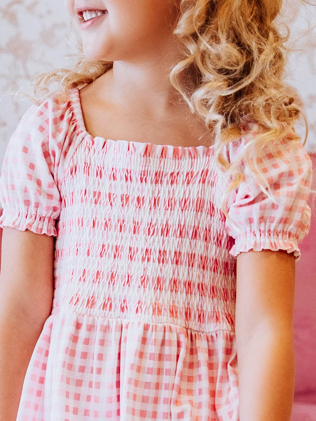 Puff Sleeve Dress - Pink Gingham Cotton Smocked Elastic Sleeves