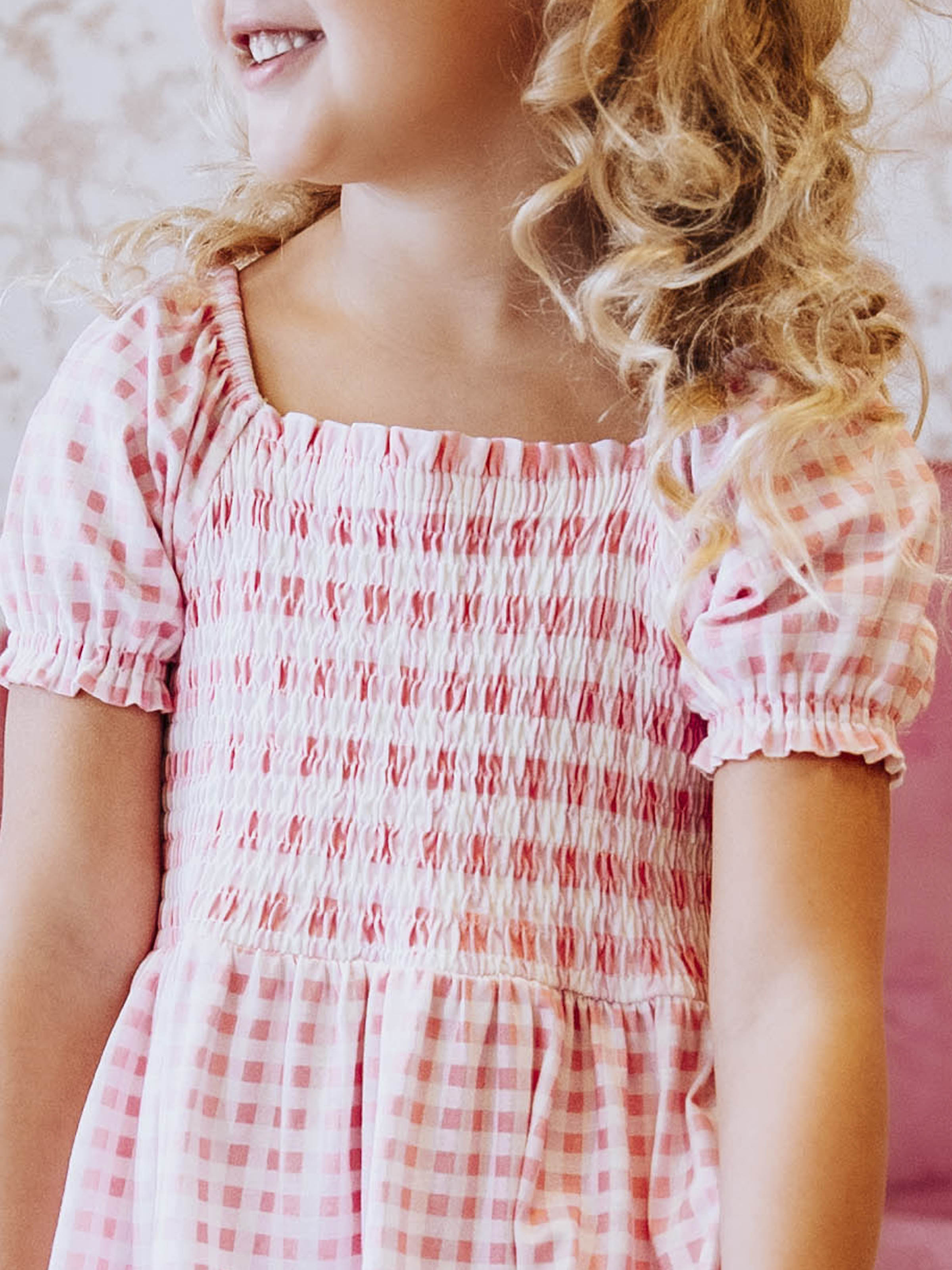 Puff Sleeve Dress - Pink Gingham Cotton Smocked Elastic Sleeves