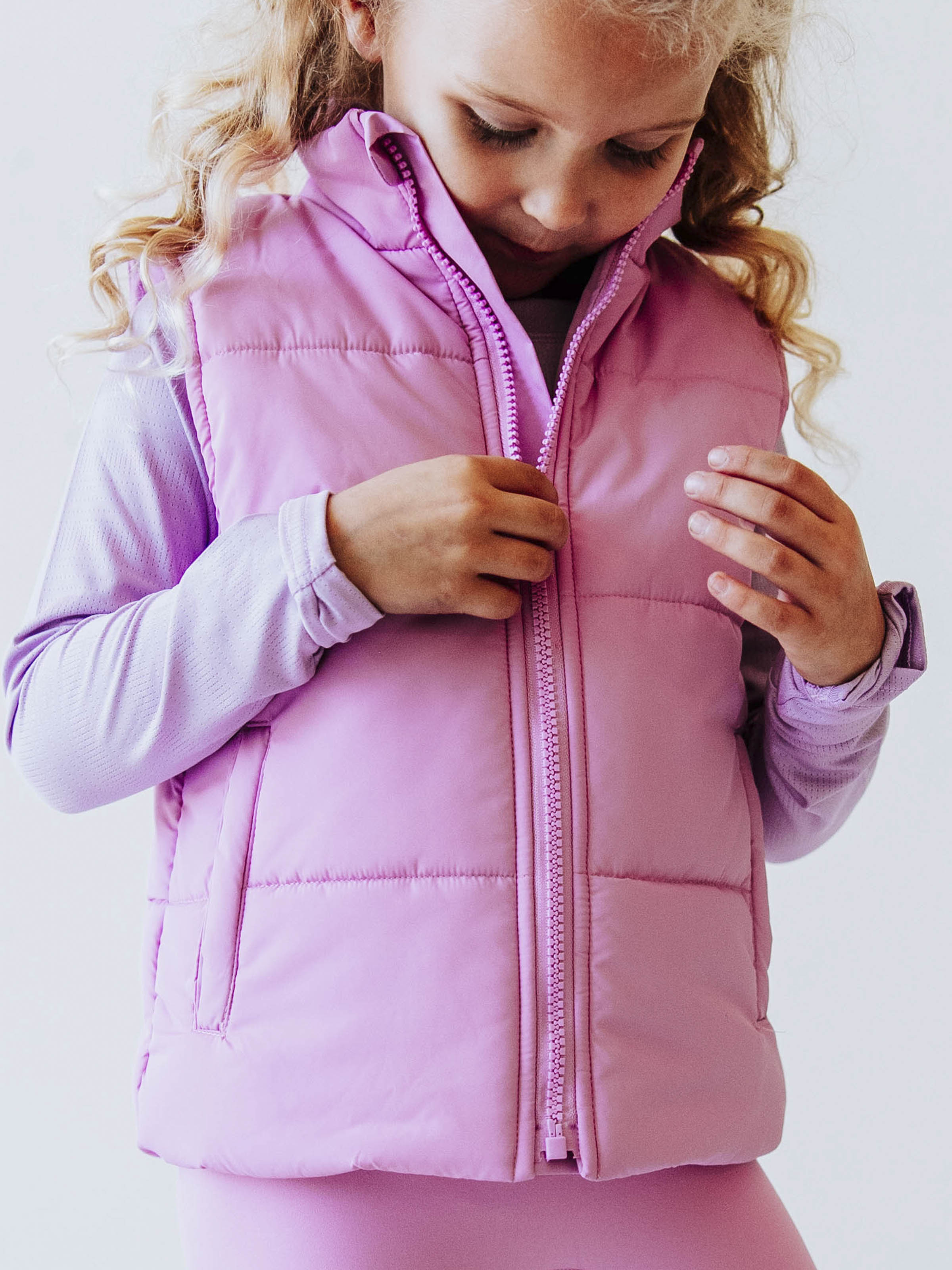 Puffer Vest - Purple Pink Zip Lined Pockets Stand Collar