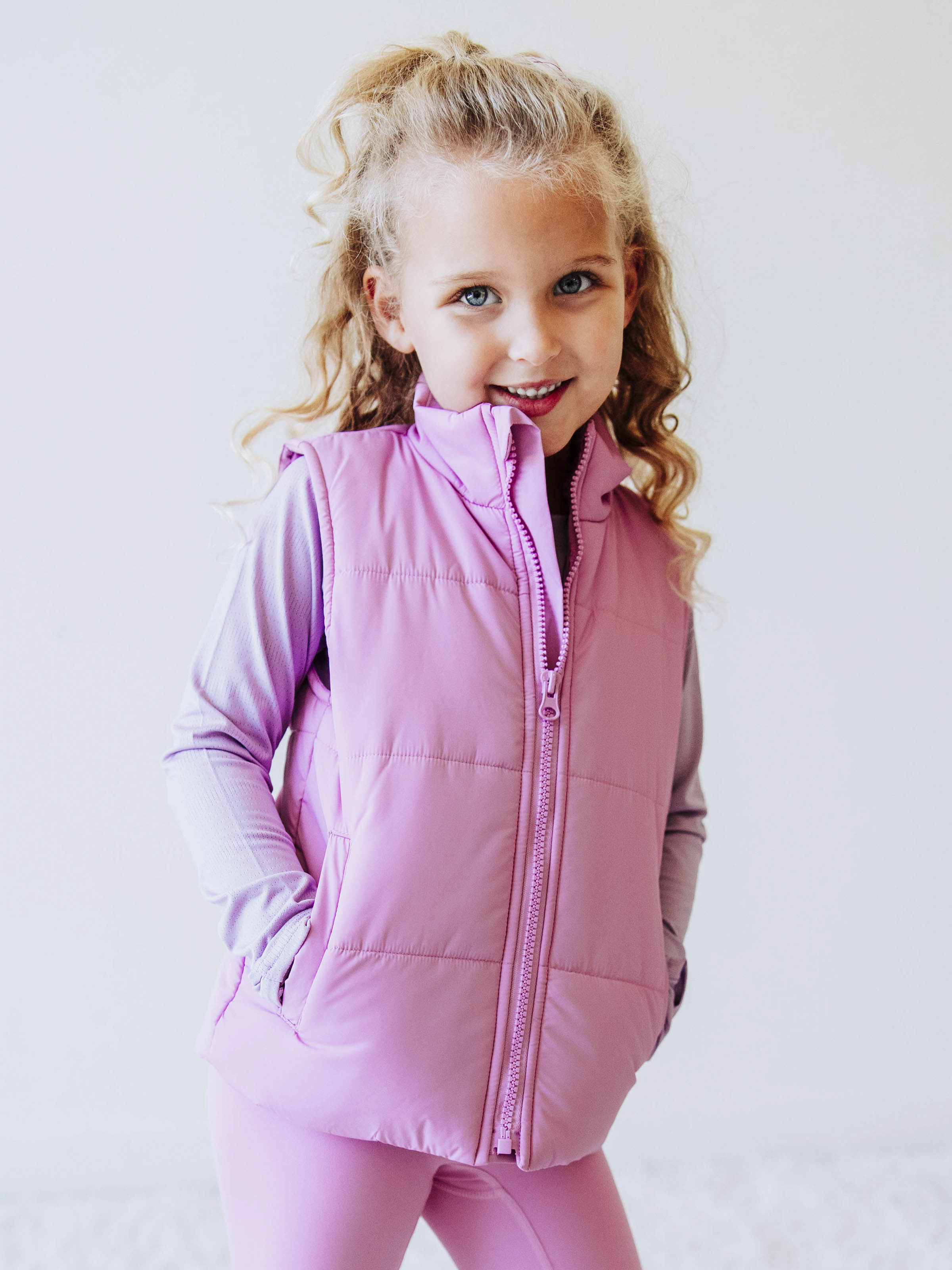 Puffer Vest - Purple Pink Zip Lined Pockets Stand Collar