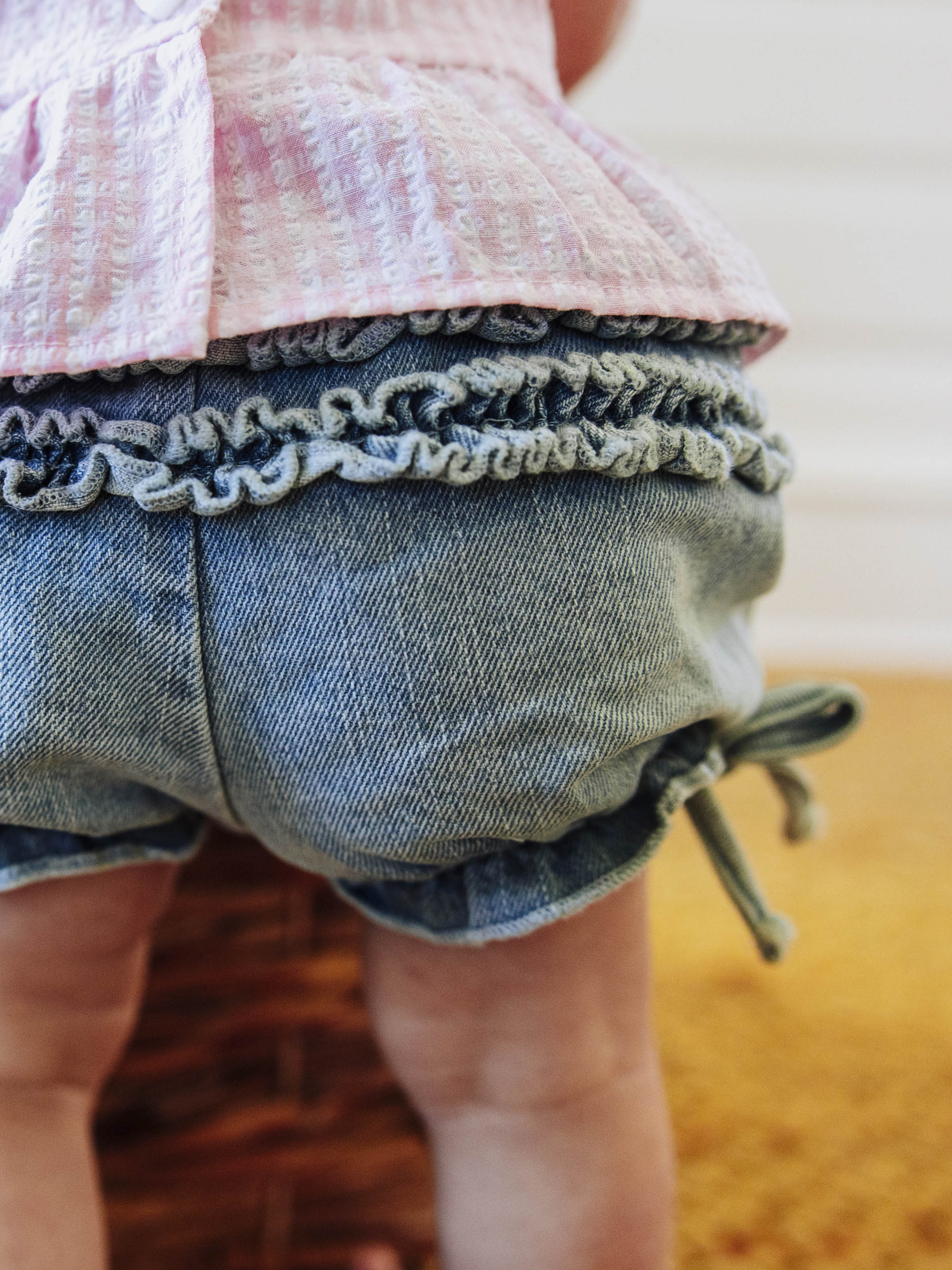 Denim Bloomers - Light Wash Cotton Lined Elastic Ruffled