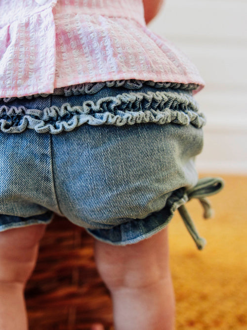 Denim Bloomers - Light Wash Cotton Lined Elastic Ruffled
