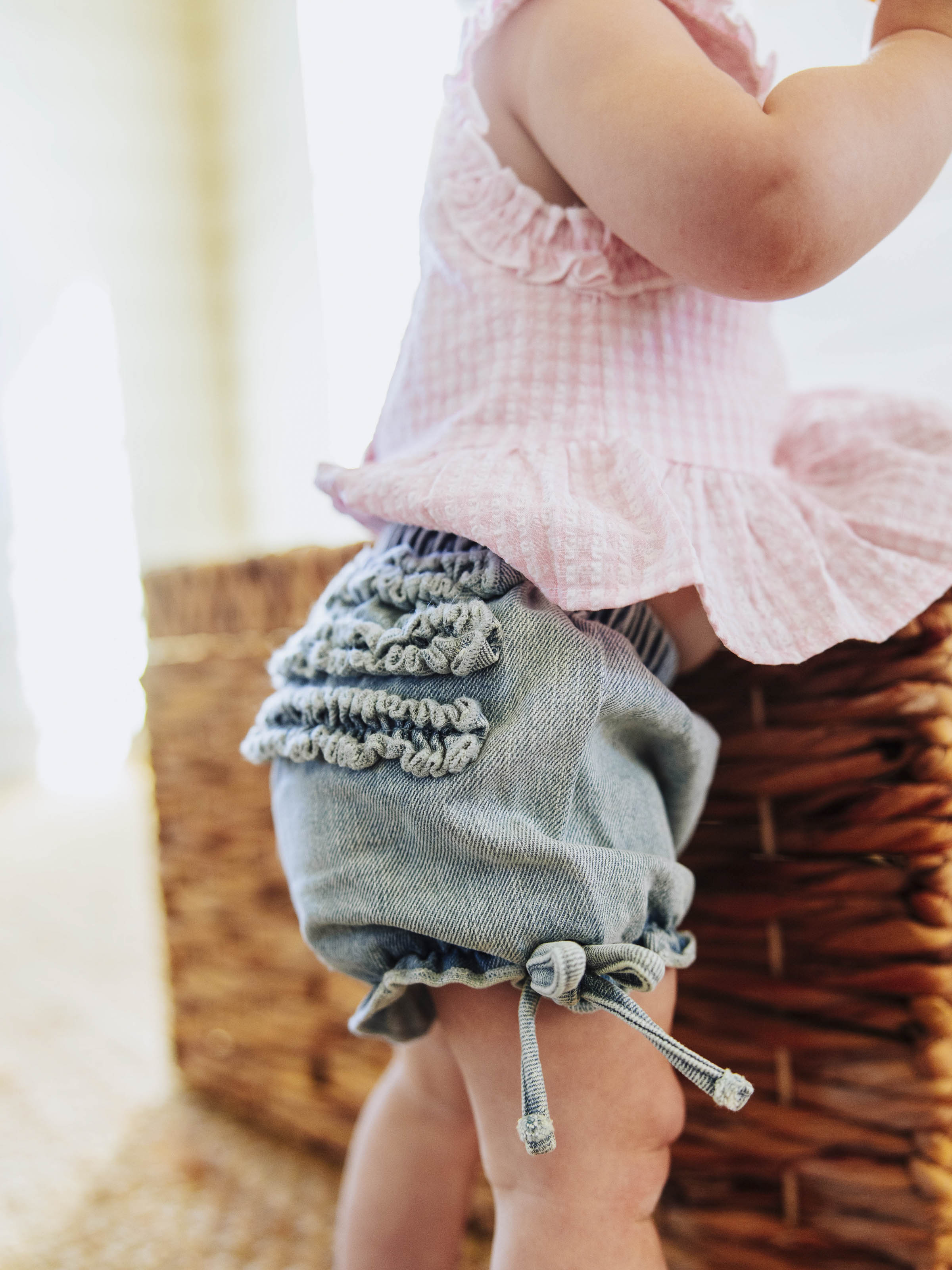Denim Bloomers - Light Wash Cotton Lined Elastic Ruffled