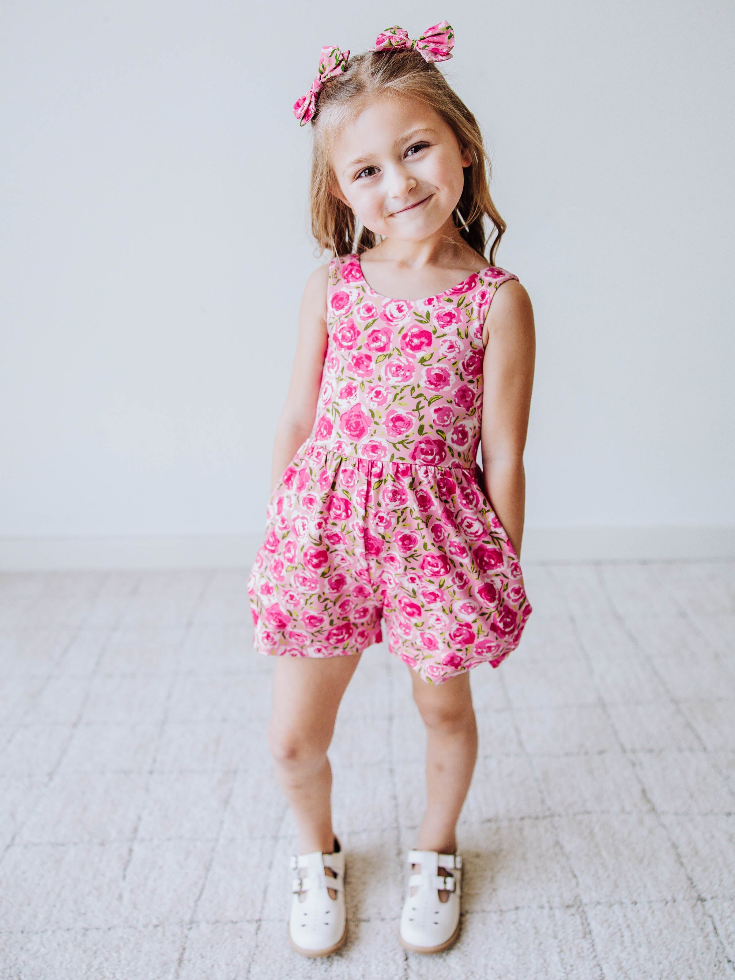 Short Leggy Romper - Covered in Roses Lined Pockets Scoop