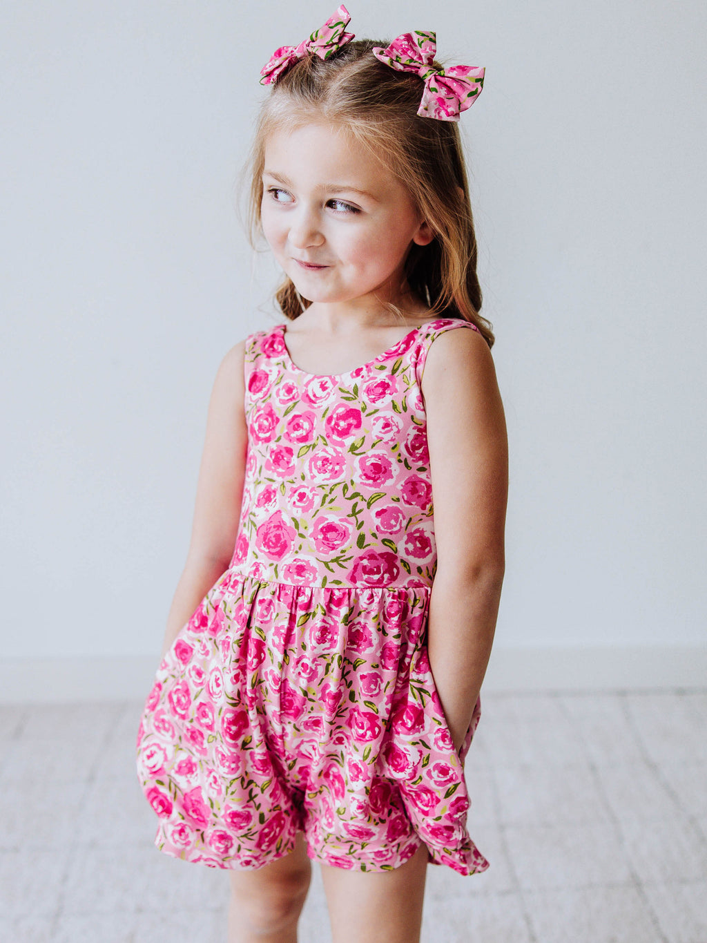 Short Leggy Romper - Covered in Roses Lined Pockets Scoop