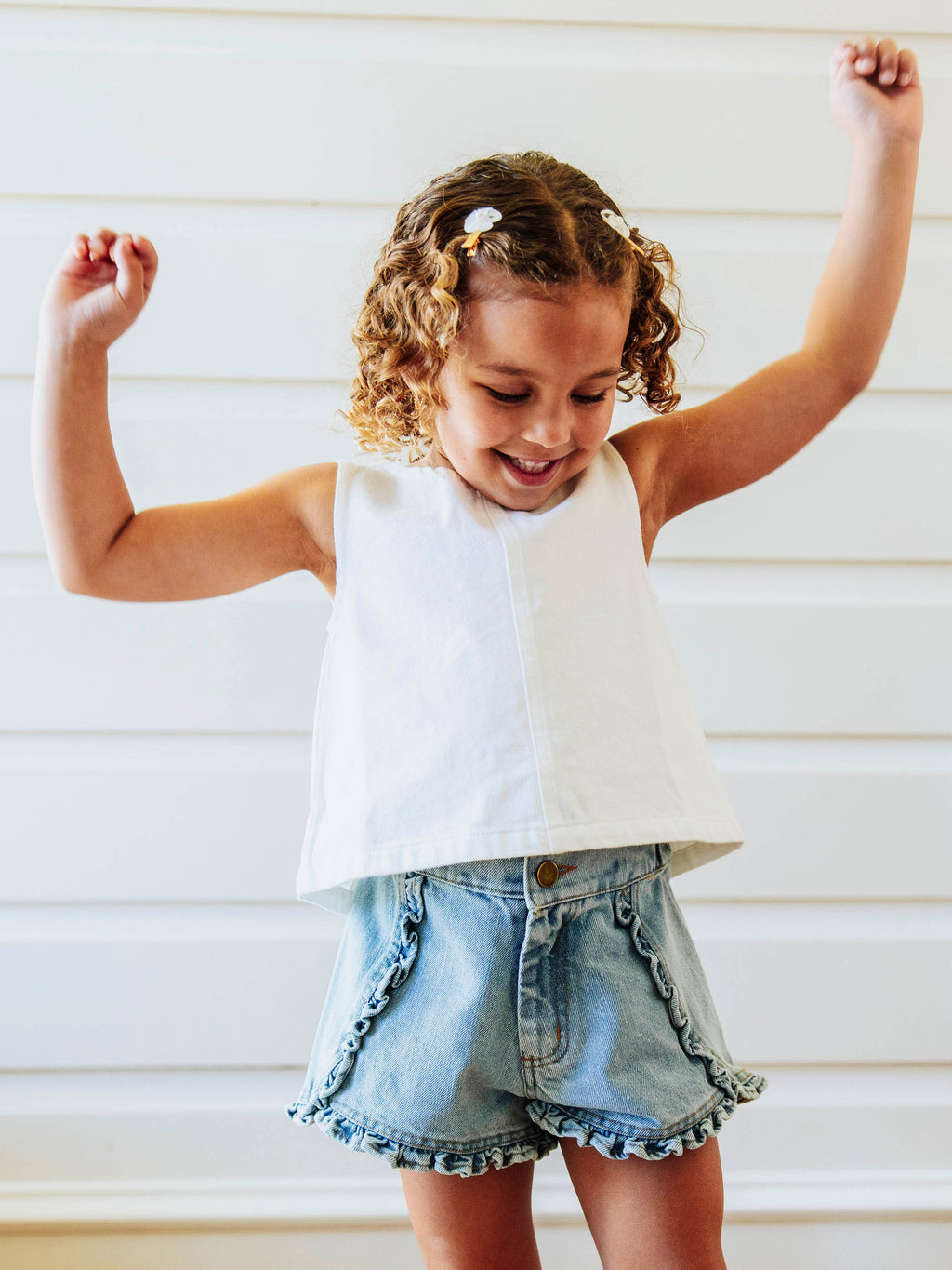 Ruffled Denim Tank - White Cotton Button Back Ruffle Accent
