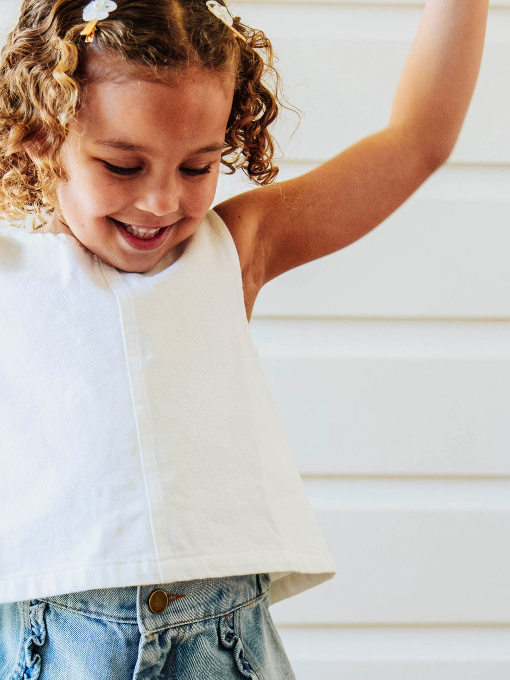 Ruffled Denim Tank - White Cotton Button Back Ruffle Accent