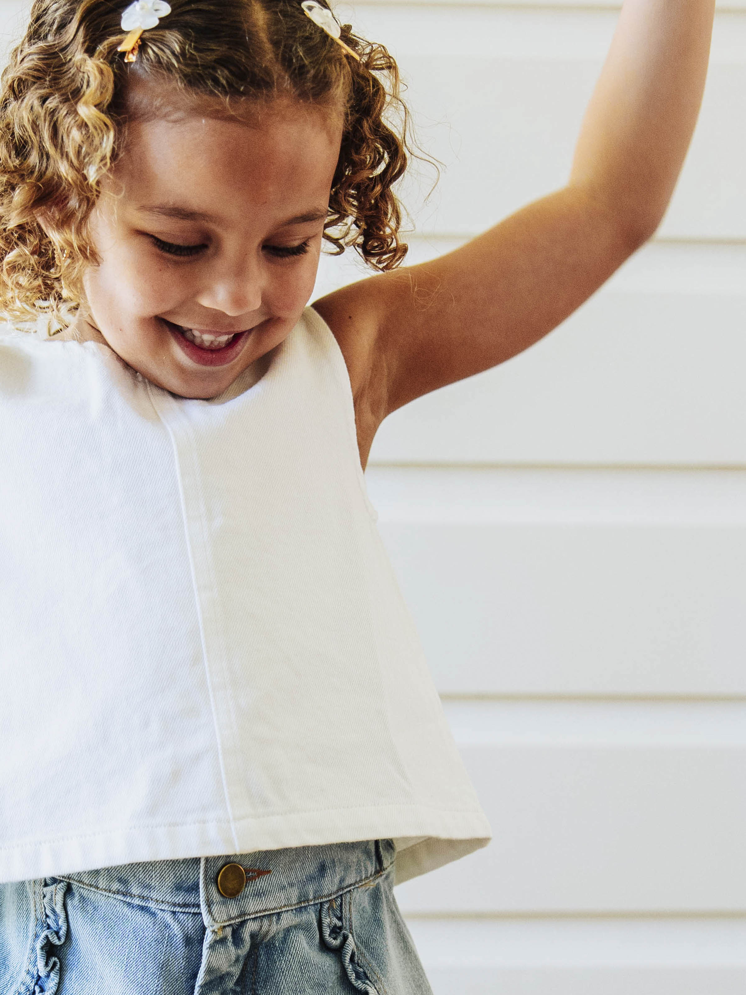 Ruffled Denim Tank - White Cotton Button Back Ruffle Accent