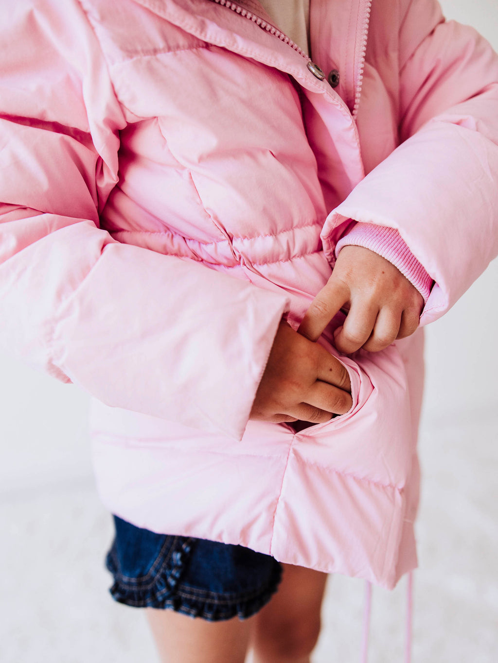 Puffer Jacket - Rose Mist Nylon Zip Hood Pockets Toggle Waist