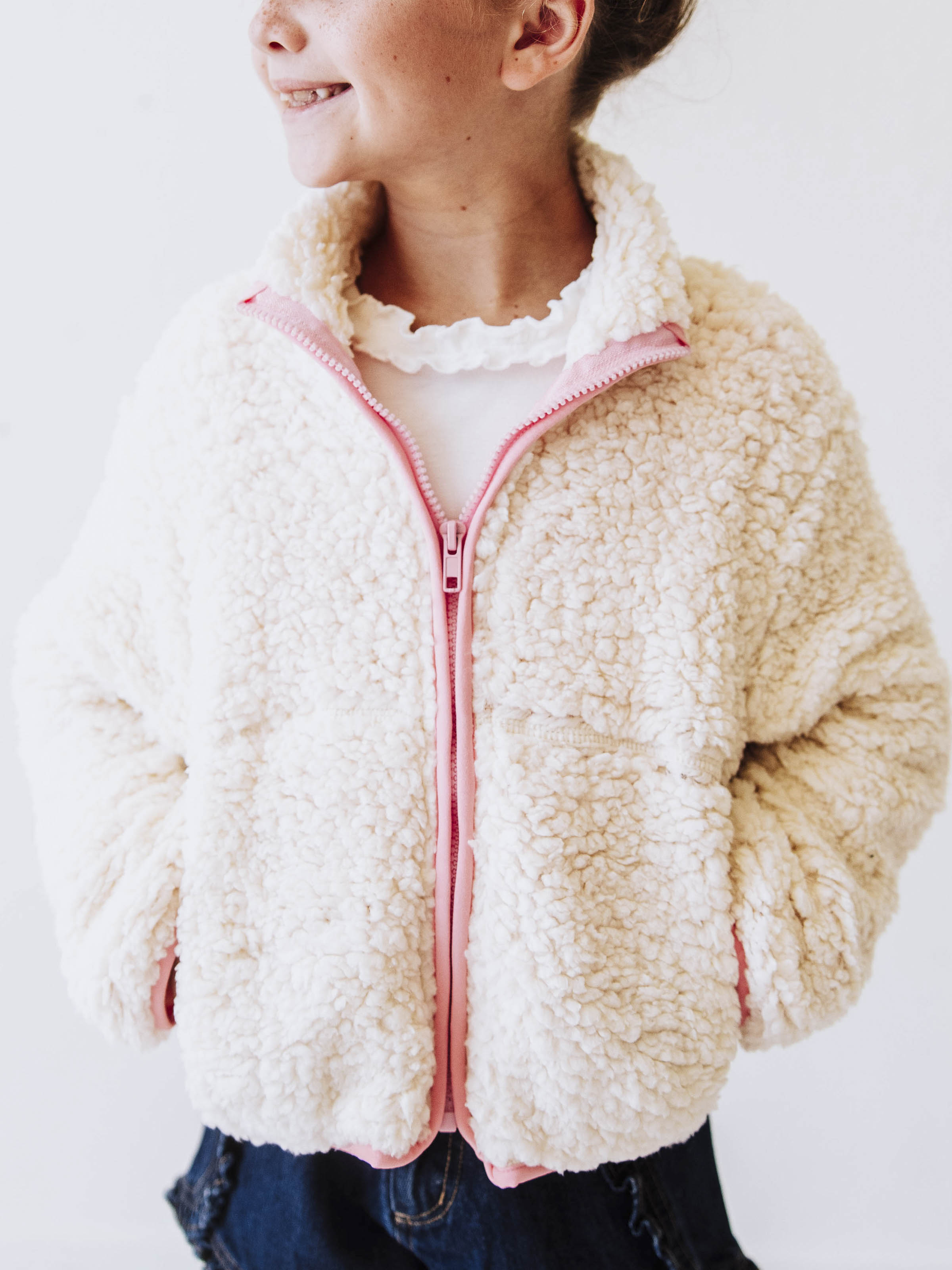 Sherpa Full Zip Jacket - Cream Polyester Mesh Lined Cuffs