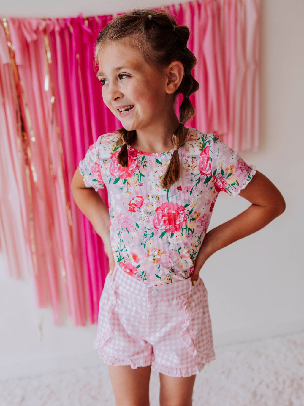 Ruffled Shorts - Pink Gingham Cotton Lined Button Closure