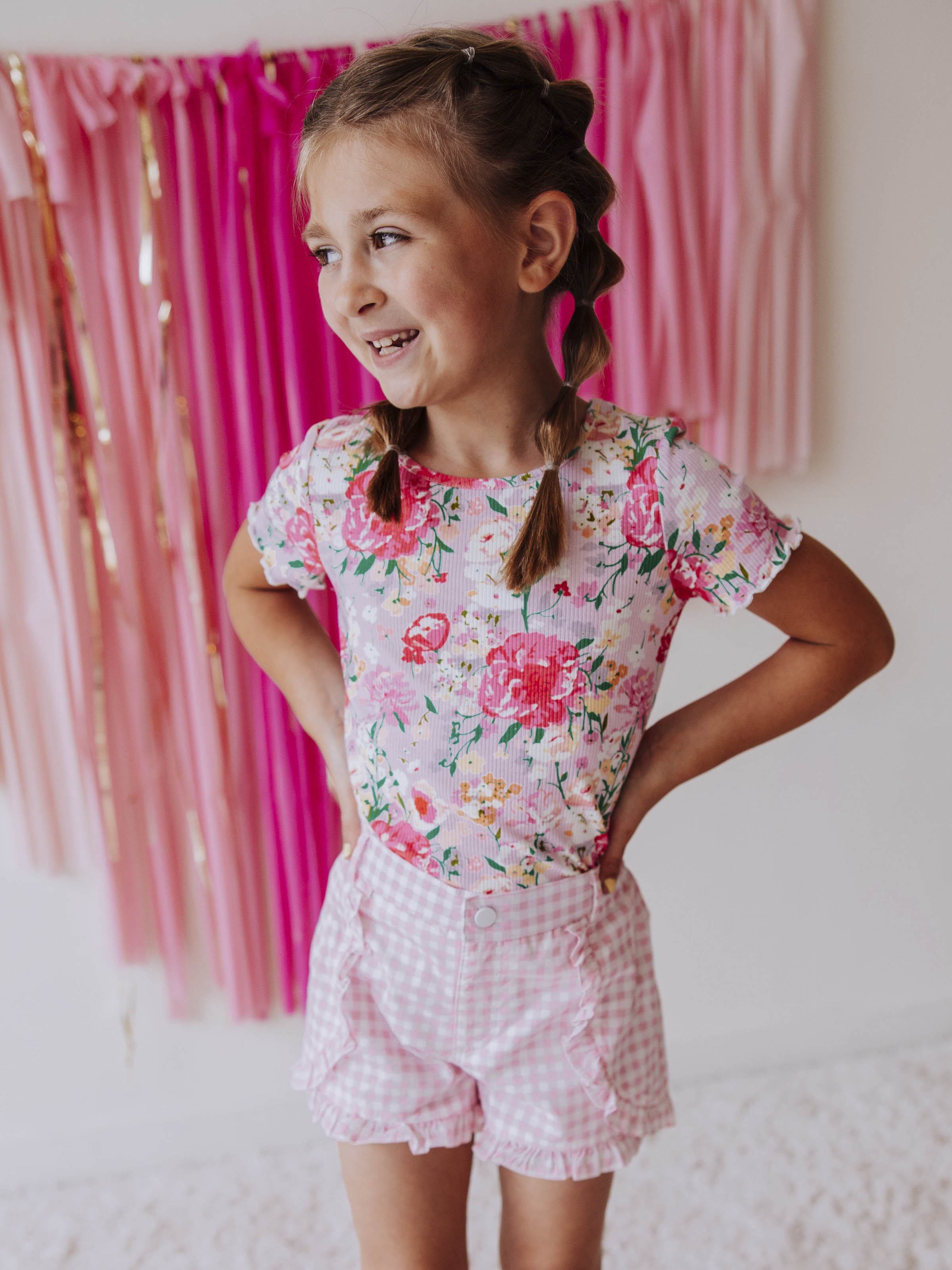 Ruffled Shorts - Pink Gingham Cotton Lined Button Closure