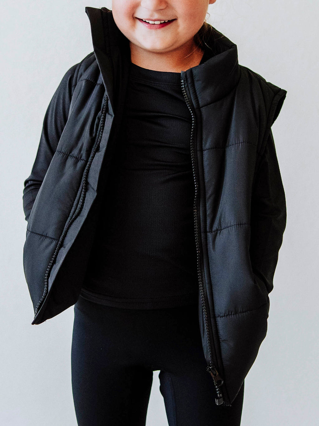 Puffer Vest - Black Zip Polyester Stand Collar Pockets