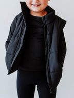 Puffer Vest - Black Zip Polyester Stand Collar Pockets