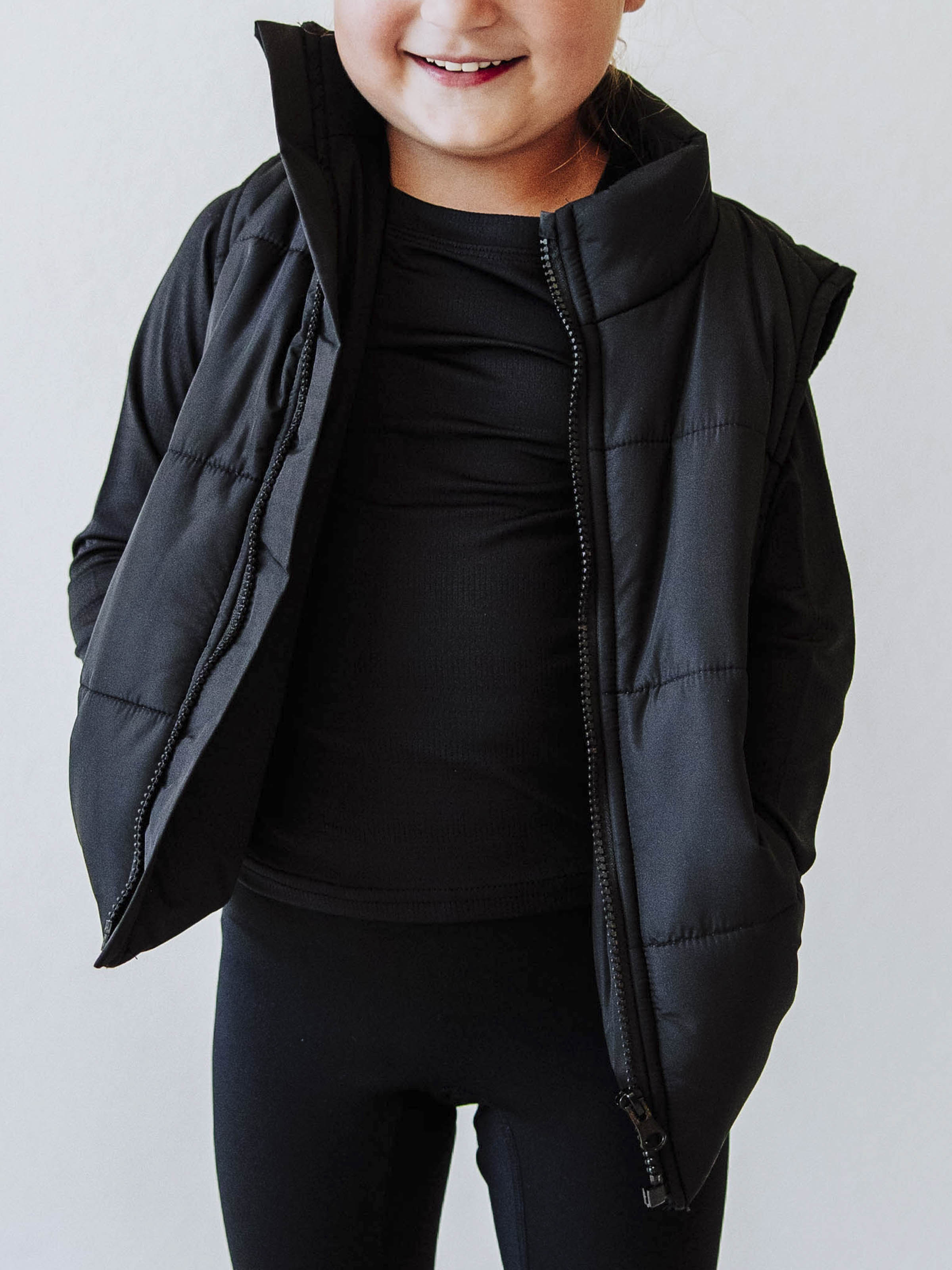 Puffer Vest - Black Zip Polyester Stand Collar Pockets