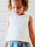 Ruffled Denim Tank - White Cotton Button Back Ruffle Accent