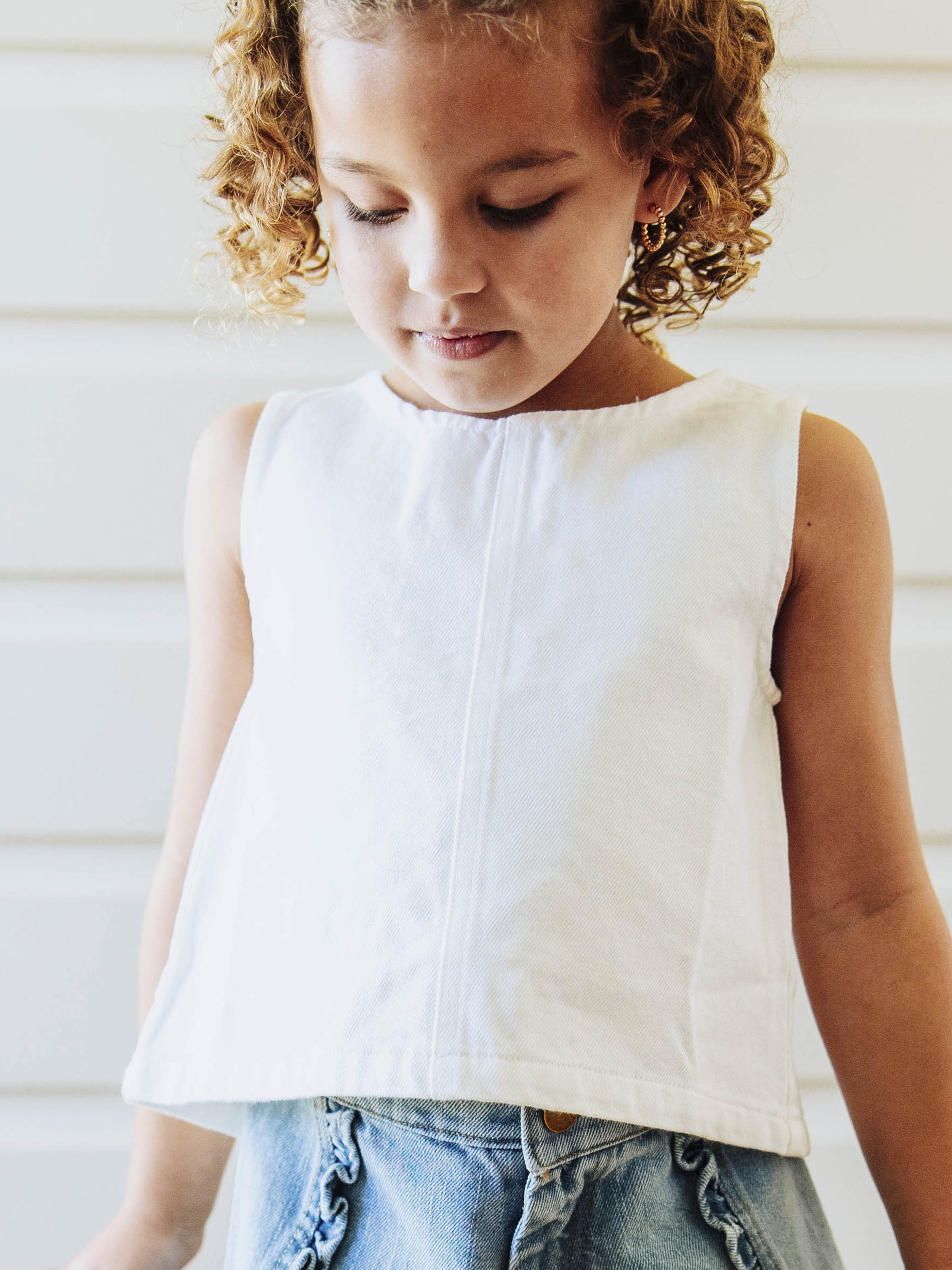Ruffled Denim Tank - White Cotton Button Back Ruffle Accent