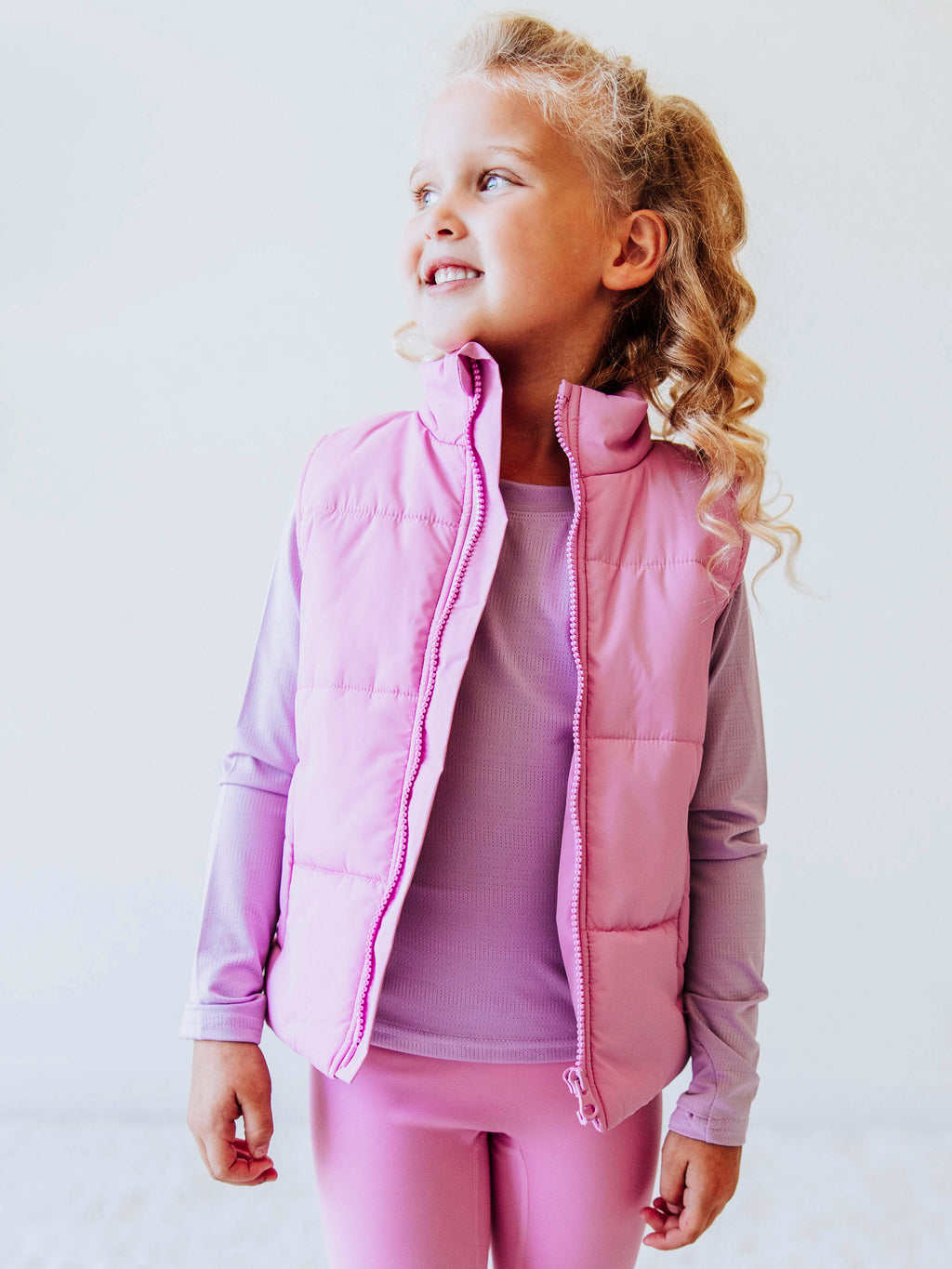 Puffer Vest - Purple Pink Zip Lined Pockets Stand Collar