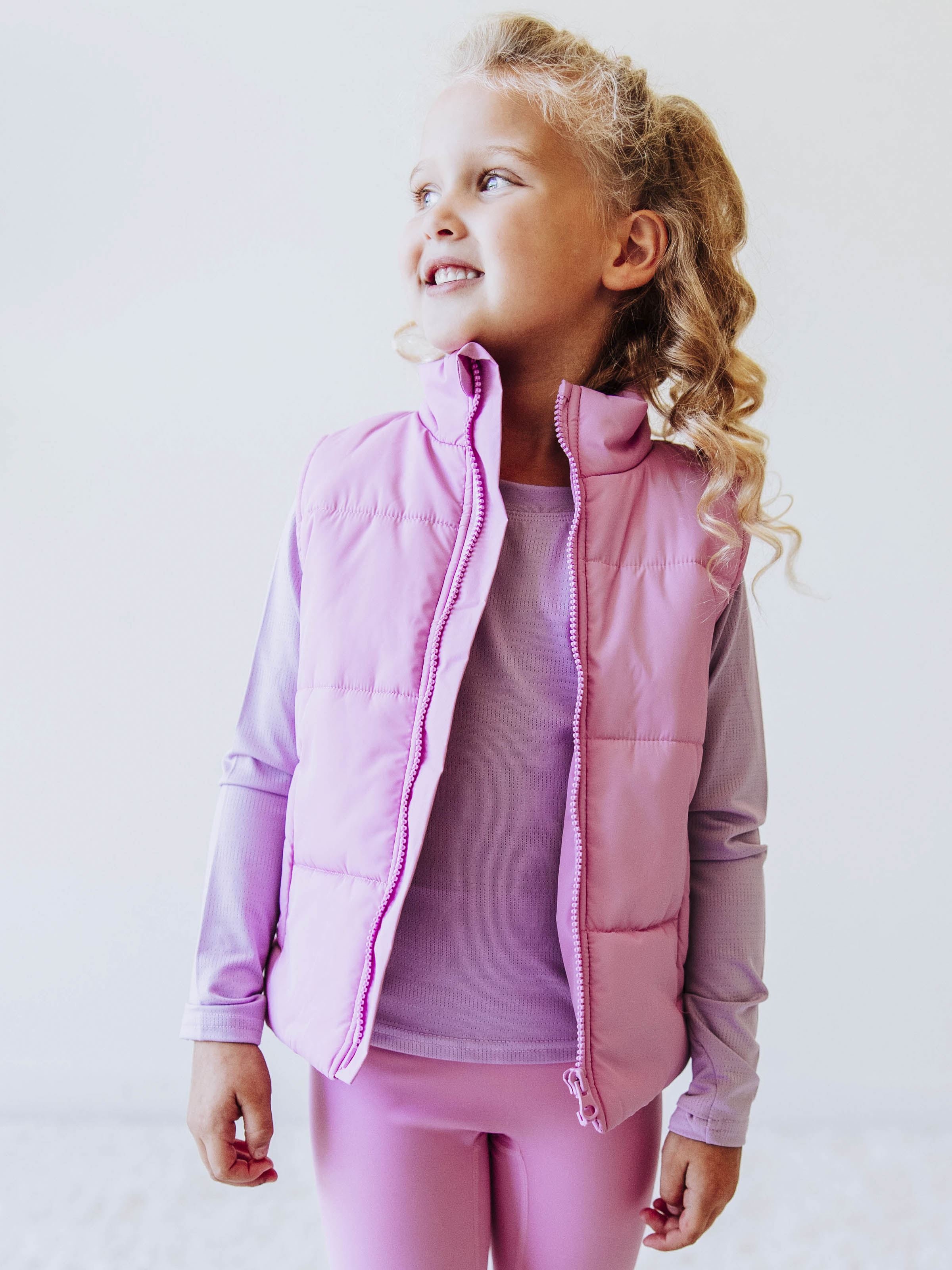 Puffer Vest - Purple Pink Zip Lined Pockets Stand Collar