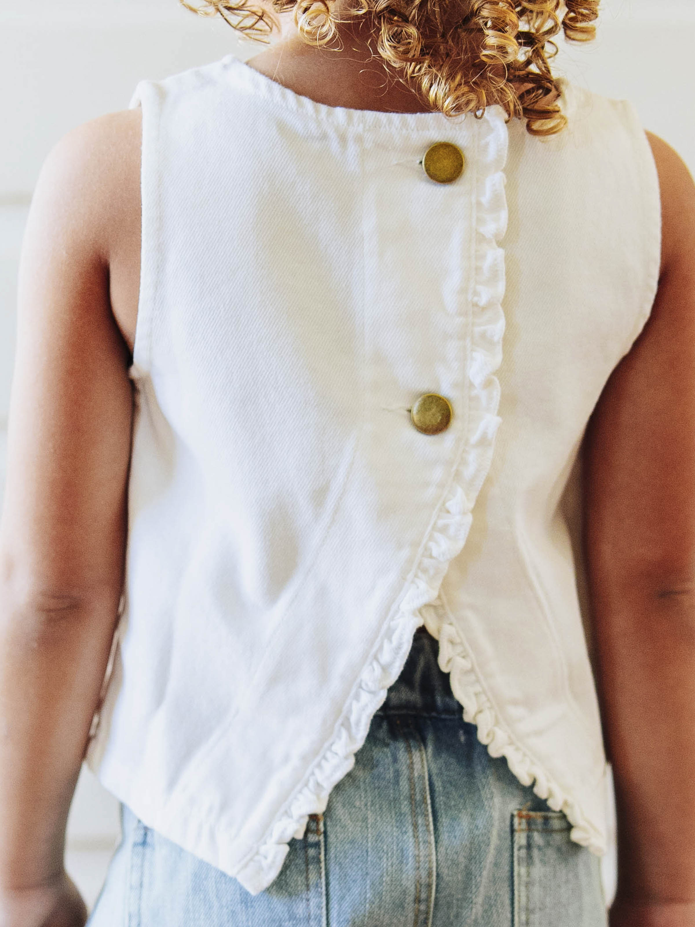 Ruffled Denim Tank - White Cotton Button Back Ruffle Accent