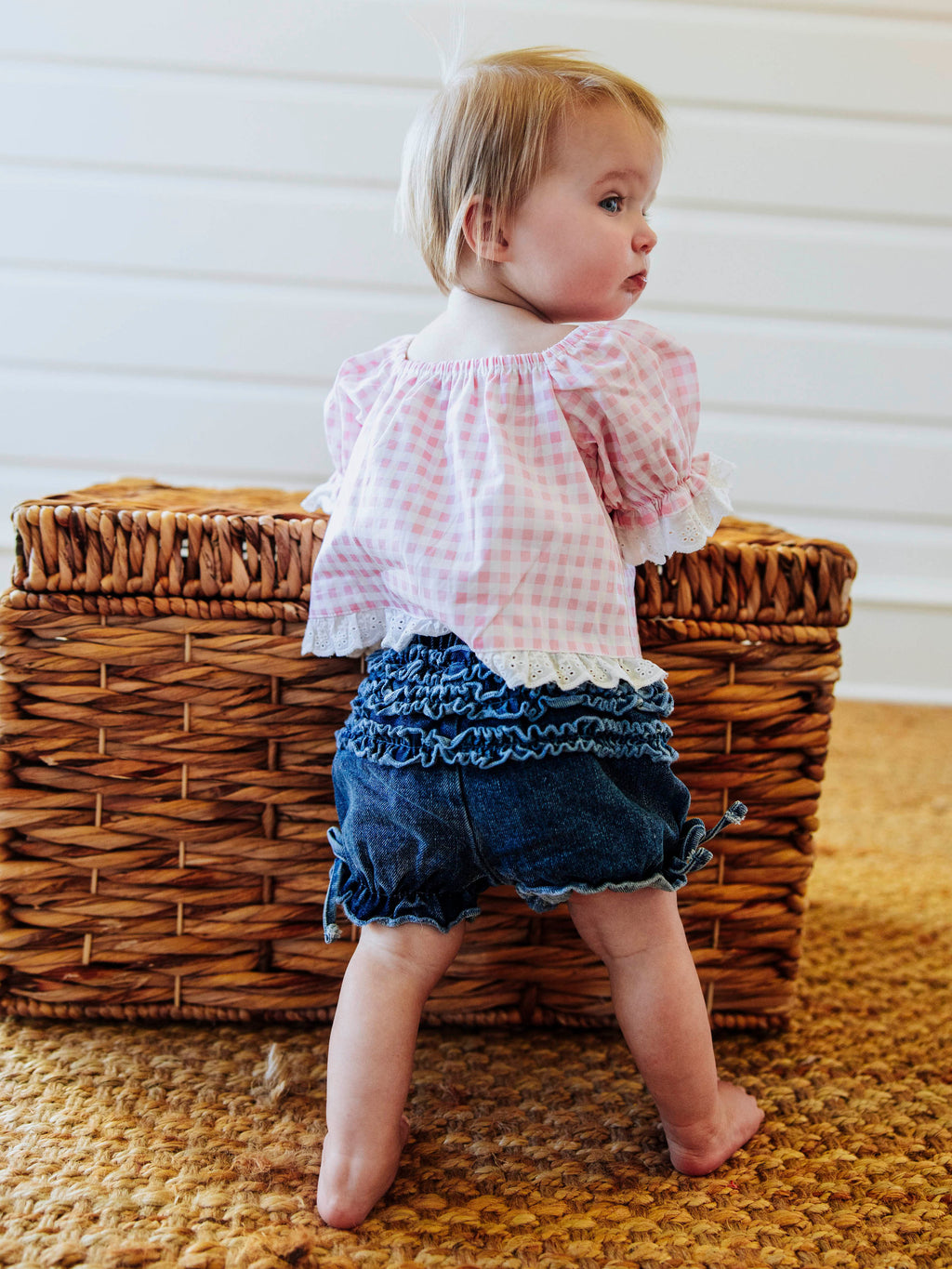 Denim Bloomers - Vintage Wash Lined Elastic Waist Ruffled Bottom