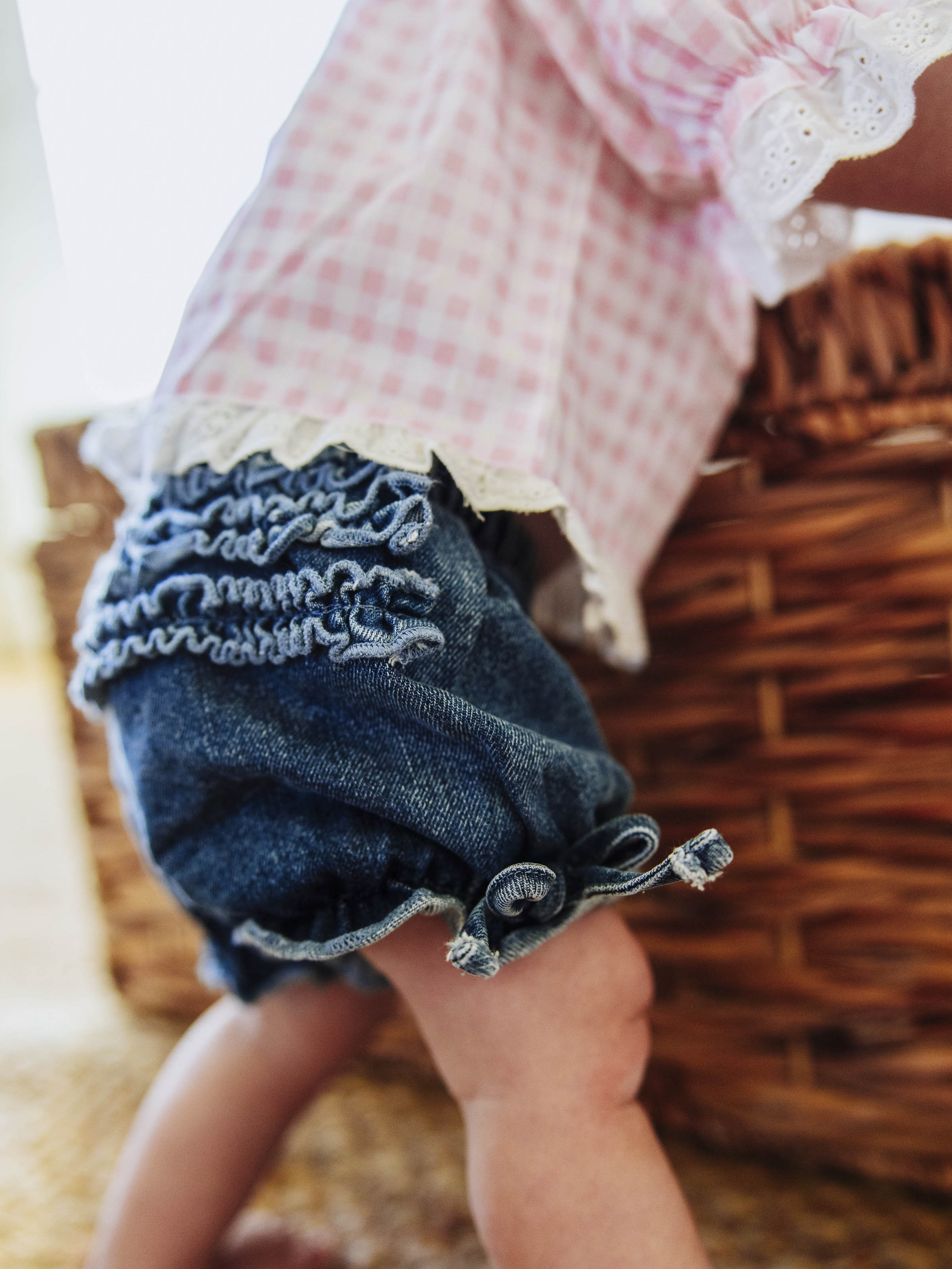 Denim Bloomers - Vintage Wash Lined Elastic Waist Ruffled Bottom