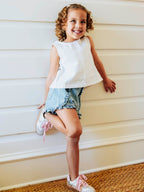 Ruffled Denim Tank - White Cotton Button Back Ruffle Accent