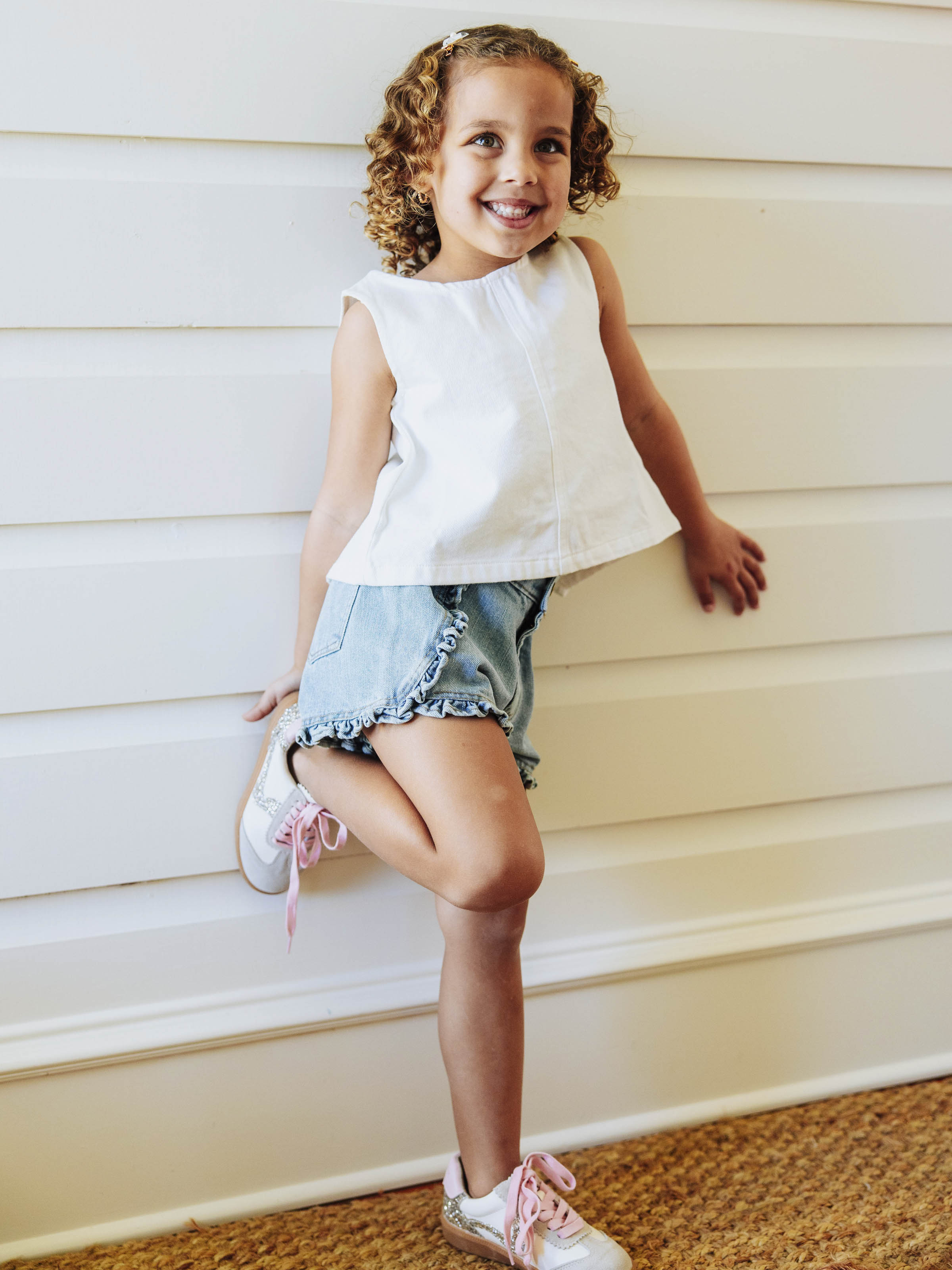 Ruffled Denim Tank - White Cotton Button Back Ruffle Accent