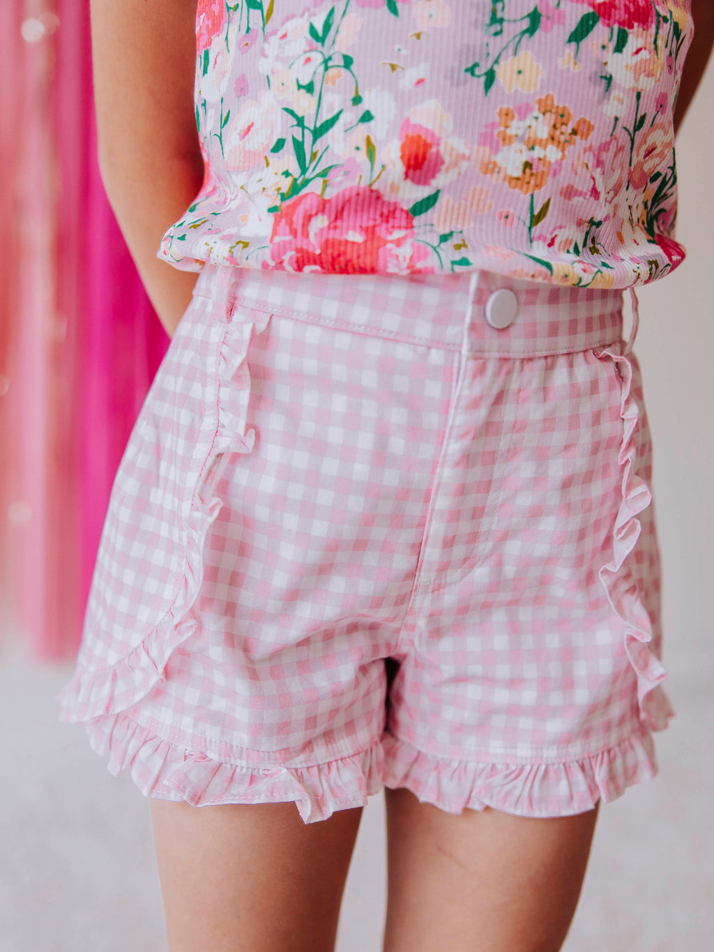 Ruffled Shorts - Pink Gingham Cotton Lined Button Closure
