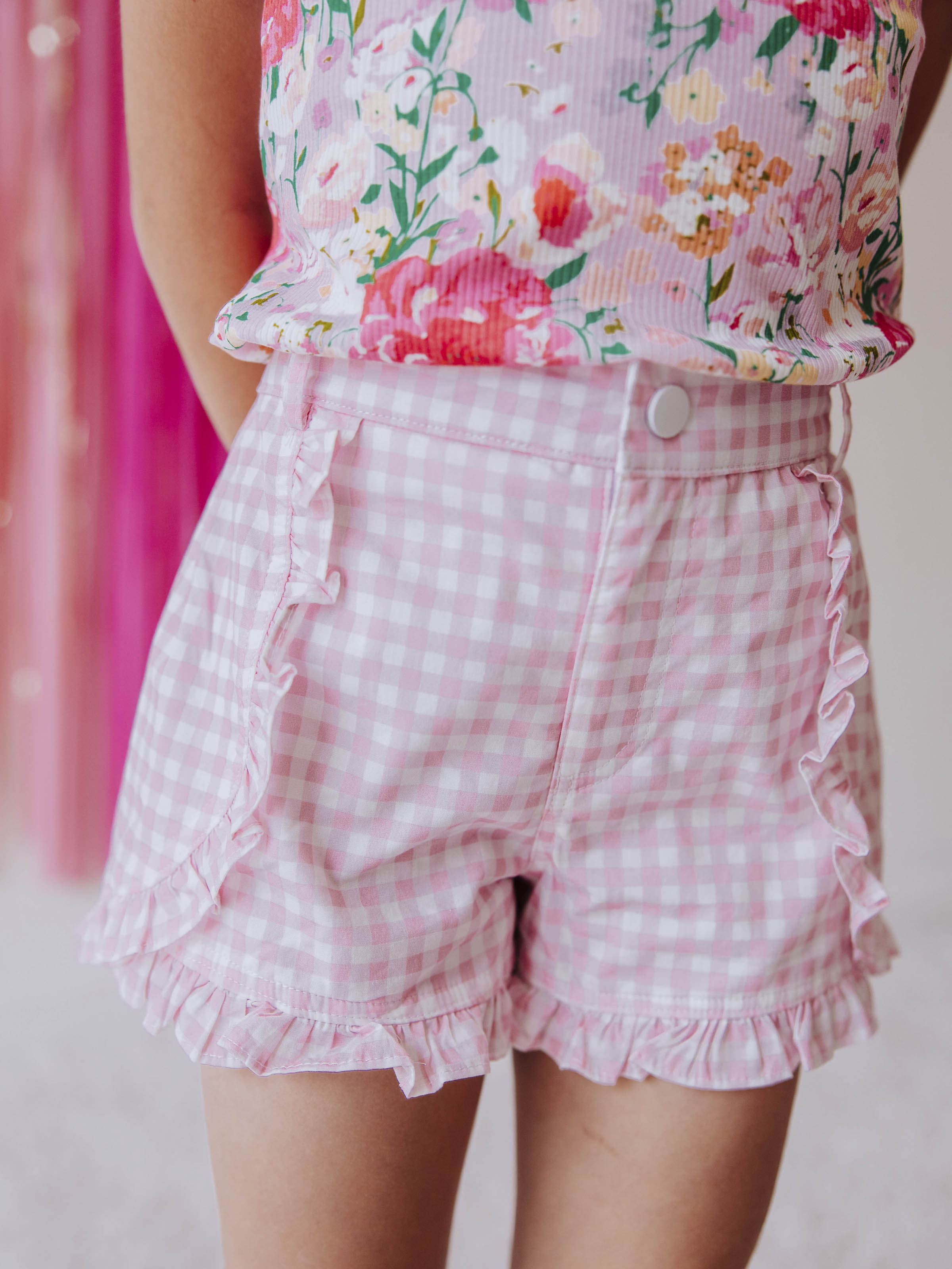 Ruffled Shorts - Pink Gingham Cotton Lined Button Closure