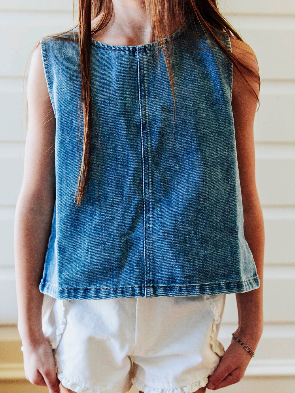 Ruffled Denim Tank - Vintage Wash Cotton Ruffle Back Placket