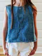 Ruffled Denim Tank - Vintage Wash Cotton Ruffle Back Placket