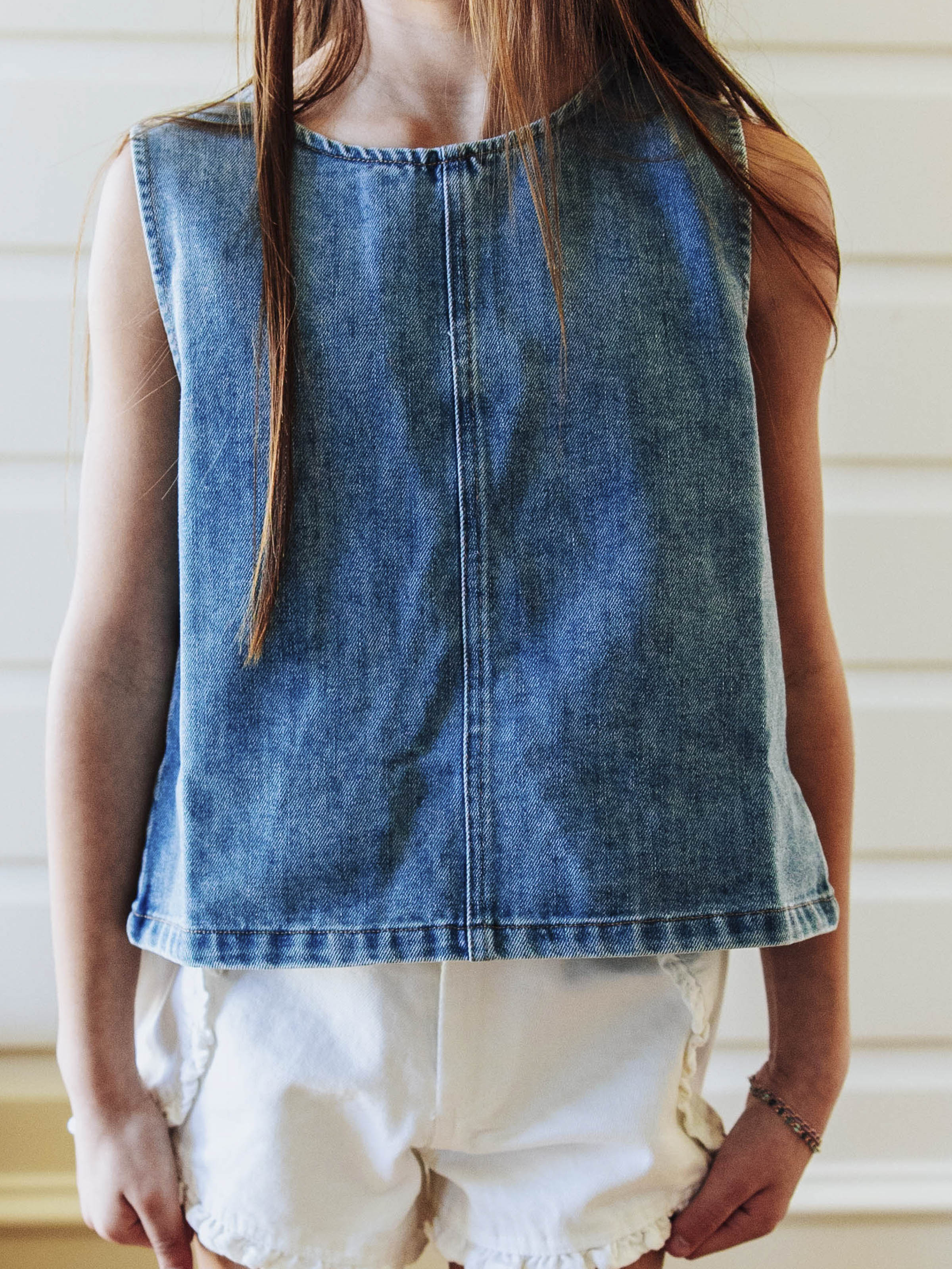 Ruffled Denim Tank - Vintage Wash Cotton Ruffle Back Placket