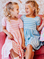 Puff Sleeve Dress - Pink Gingham Cotton Smocked Elastic Sleeves